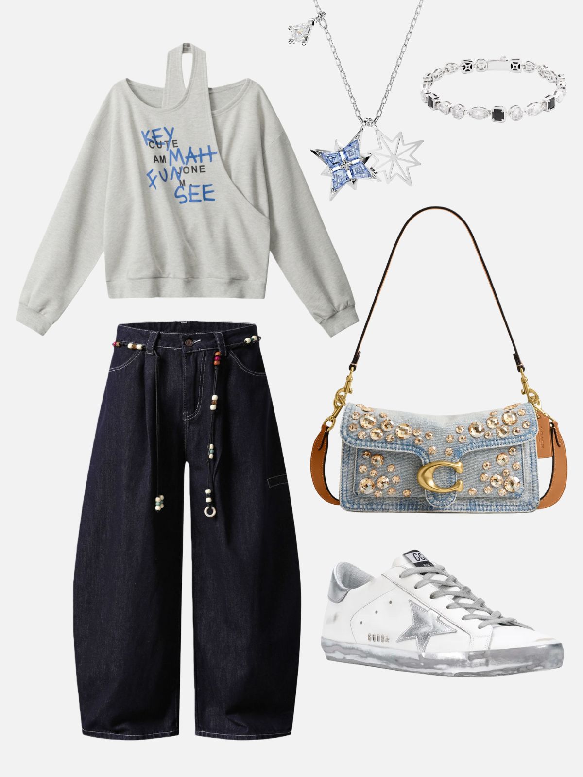 Haaura Beaded Belt Structured Super Baggy Jeans