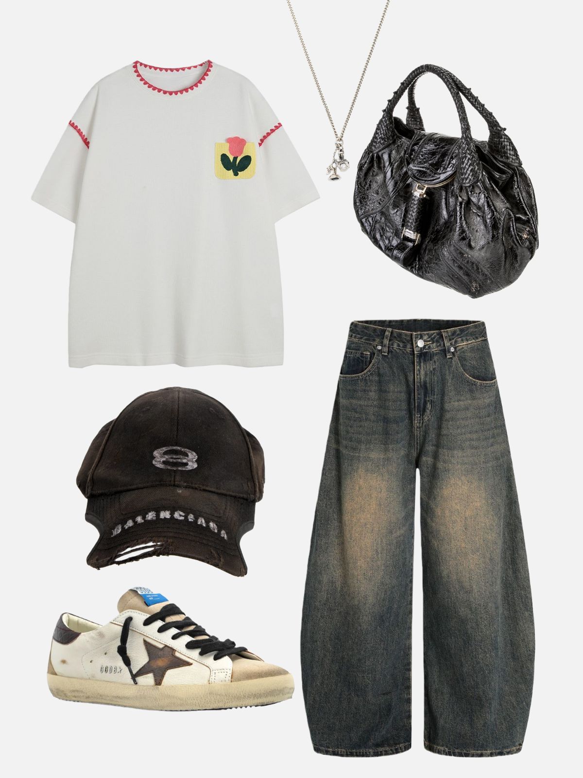 Haaraura Häkelblumen-Taschen-T-Shirt