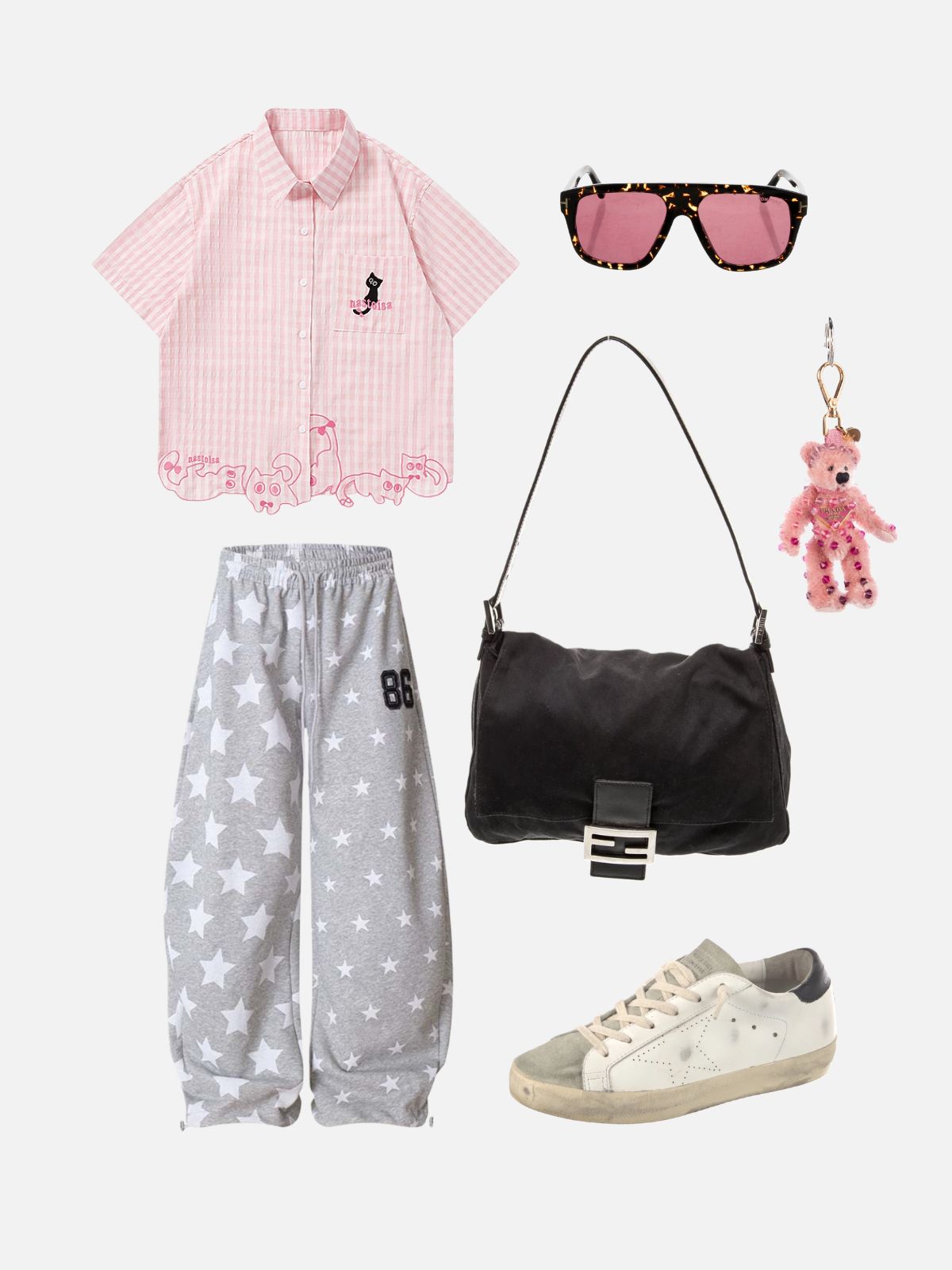 Haaura Cat & Stripes Embroidered Short Sleeve Shirt