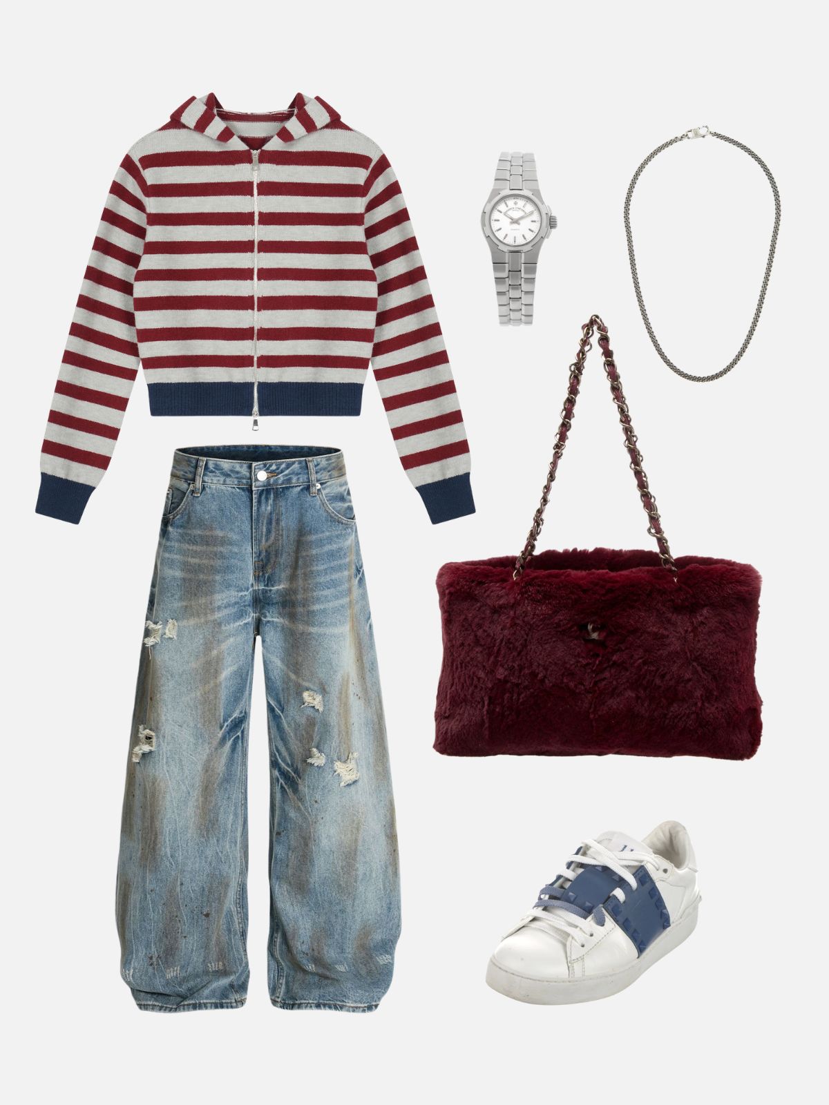 Haaura Striped Knit Zip Up Hoodie