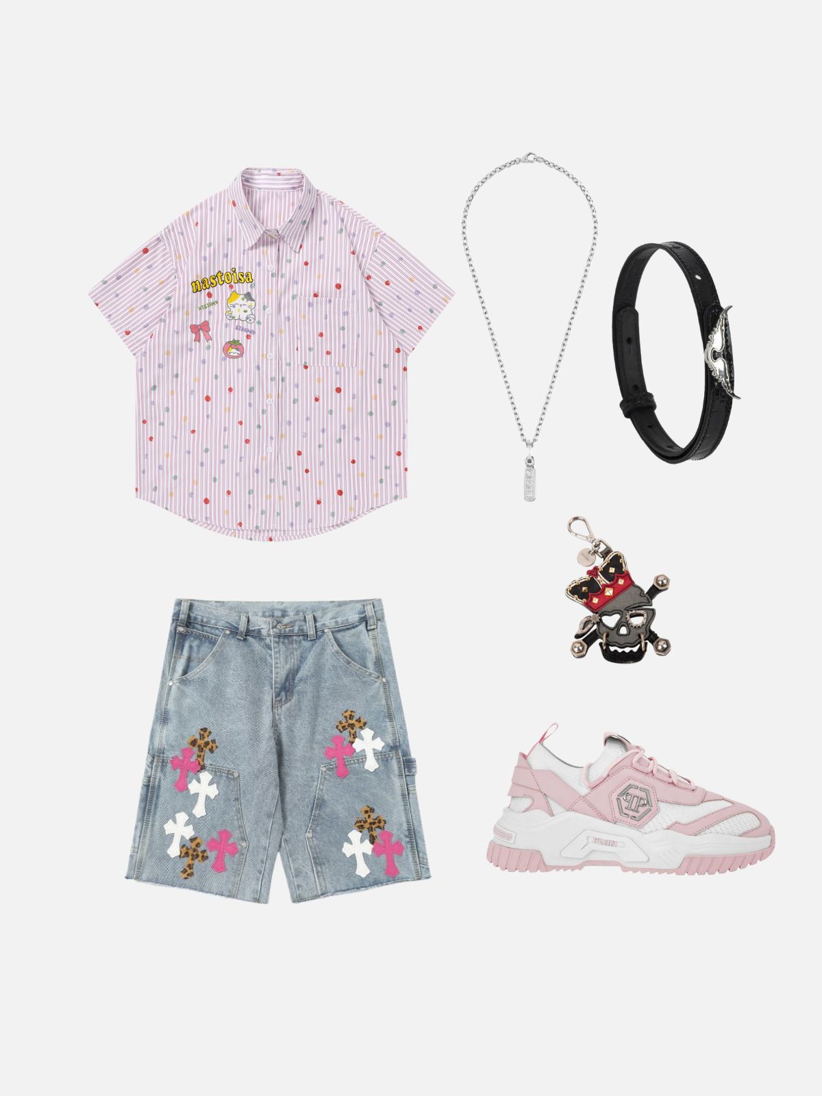 Haaura Sweetheart Polka Dot & Cat Embroidered Casual Shirt