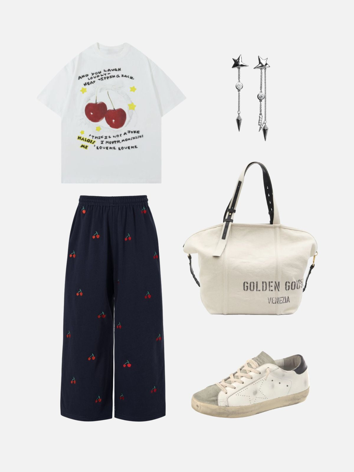 Haaura Cherry Embroidery Baggy Sweatpants