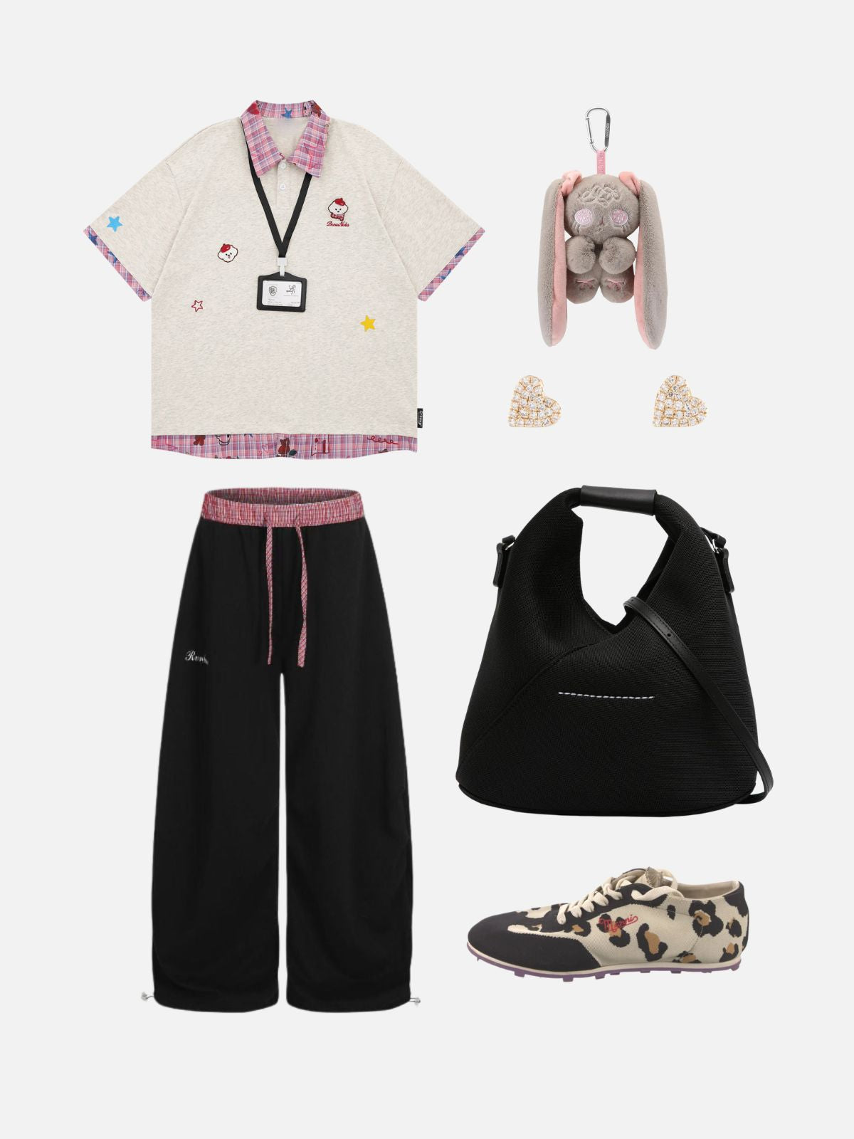 Haaura Plaid Collar Cartoon Graphic Boxy Tee