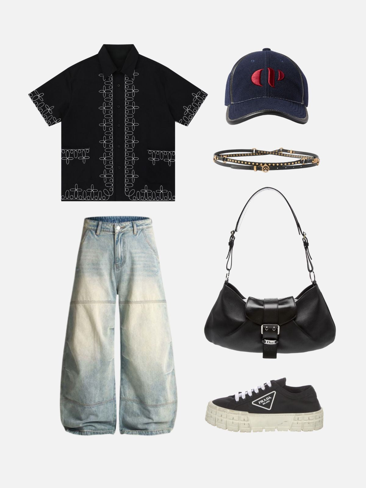 Haaura Geometric Line Embroidery Short Sleeve Shirt