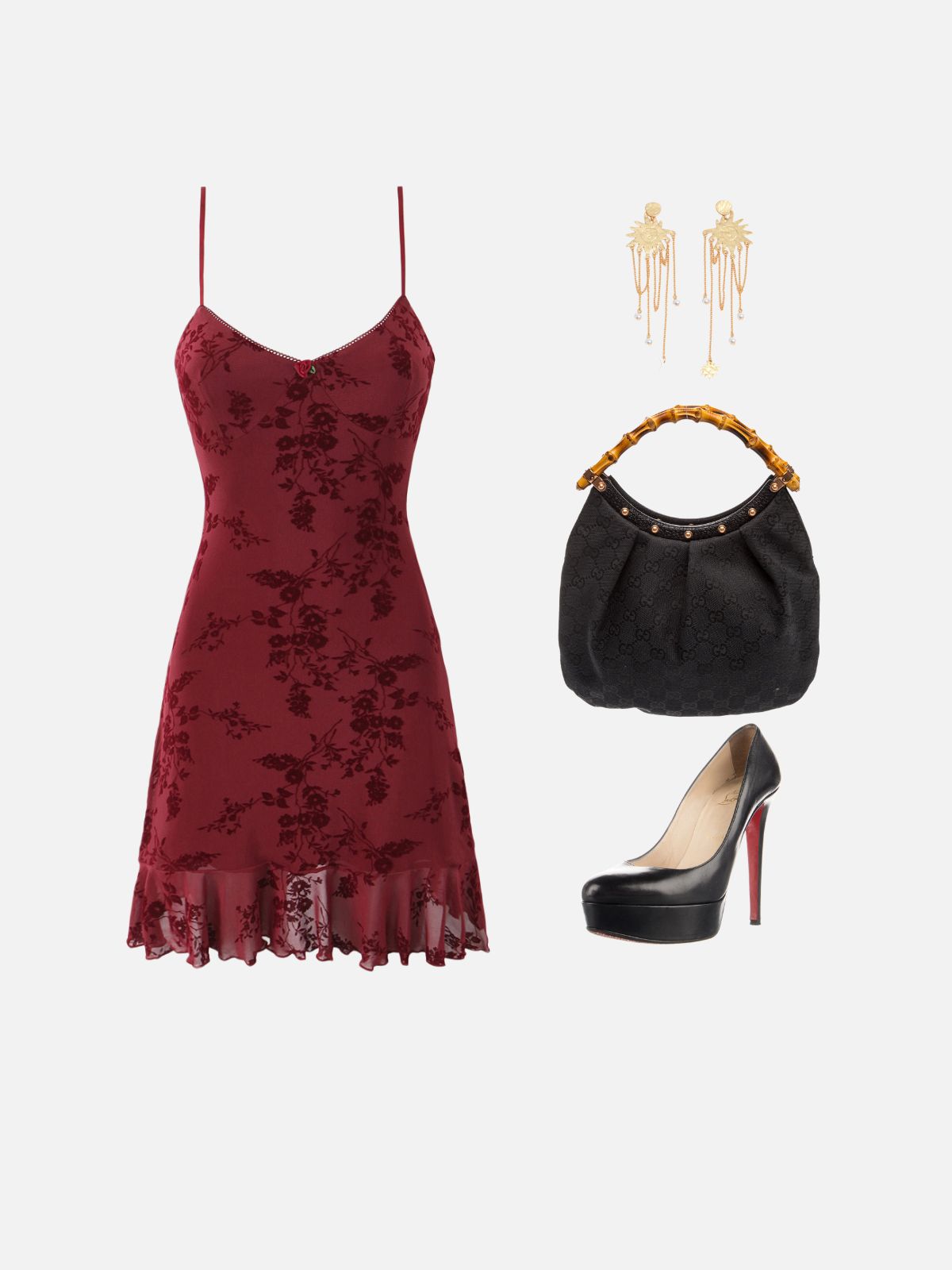 Haaura Wine Floral Lace V-Neck Ruffled Slip Dress