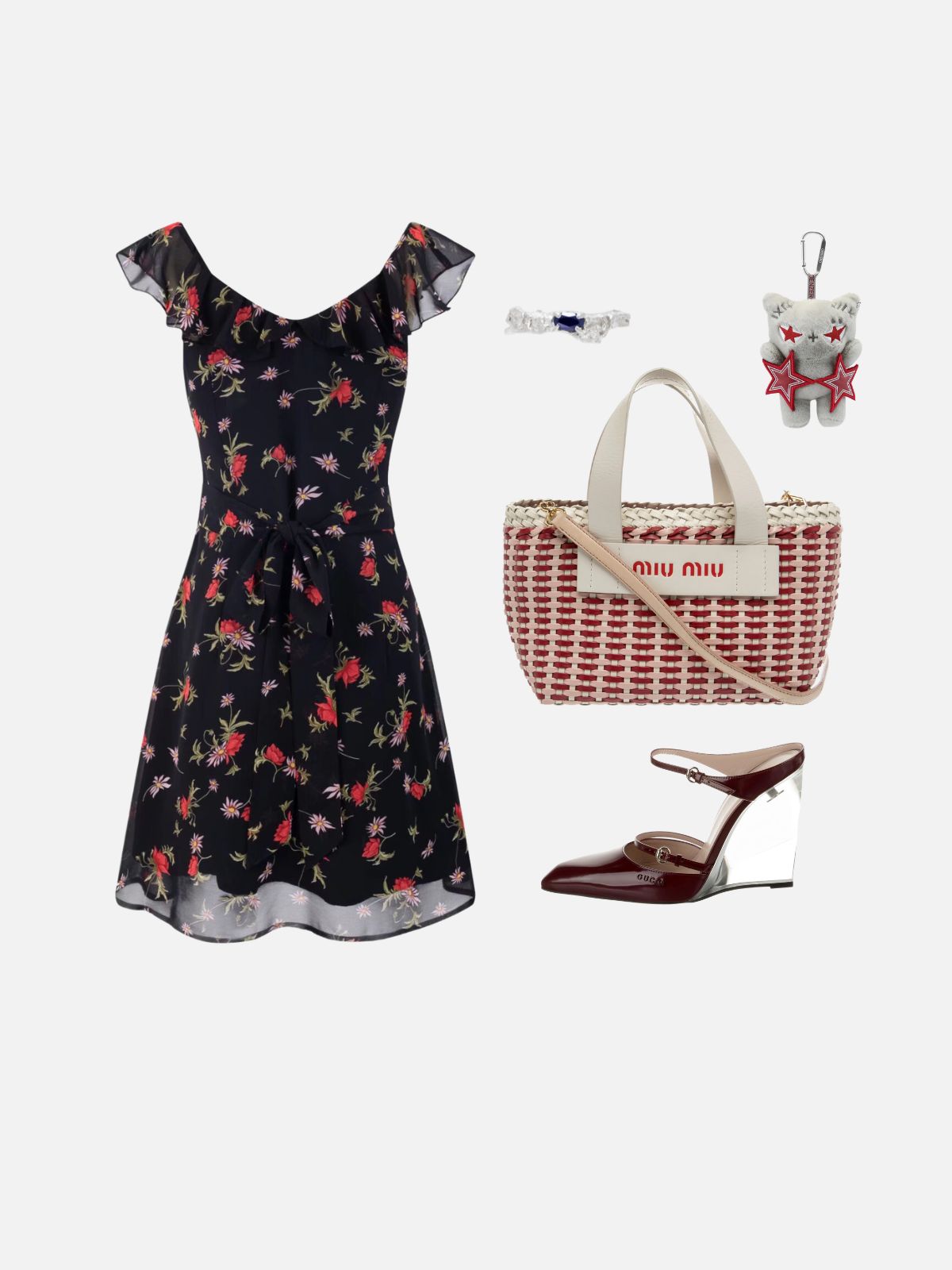 Haaura Black Floral Ruffle Bow Tie Mini Dress