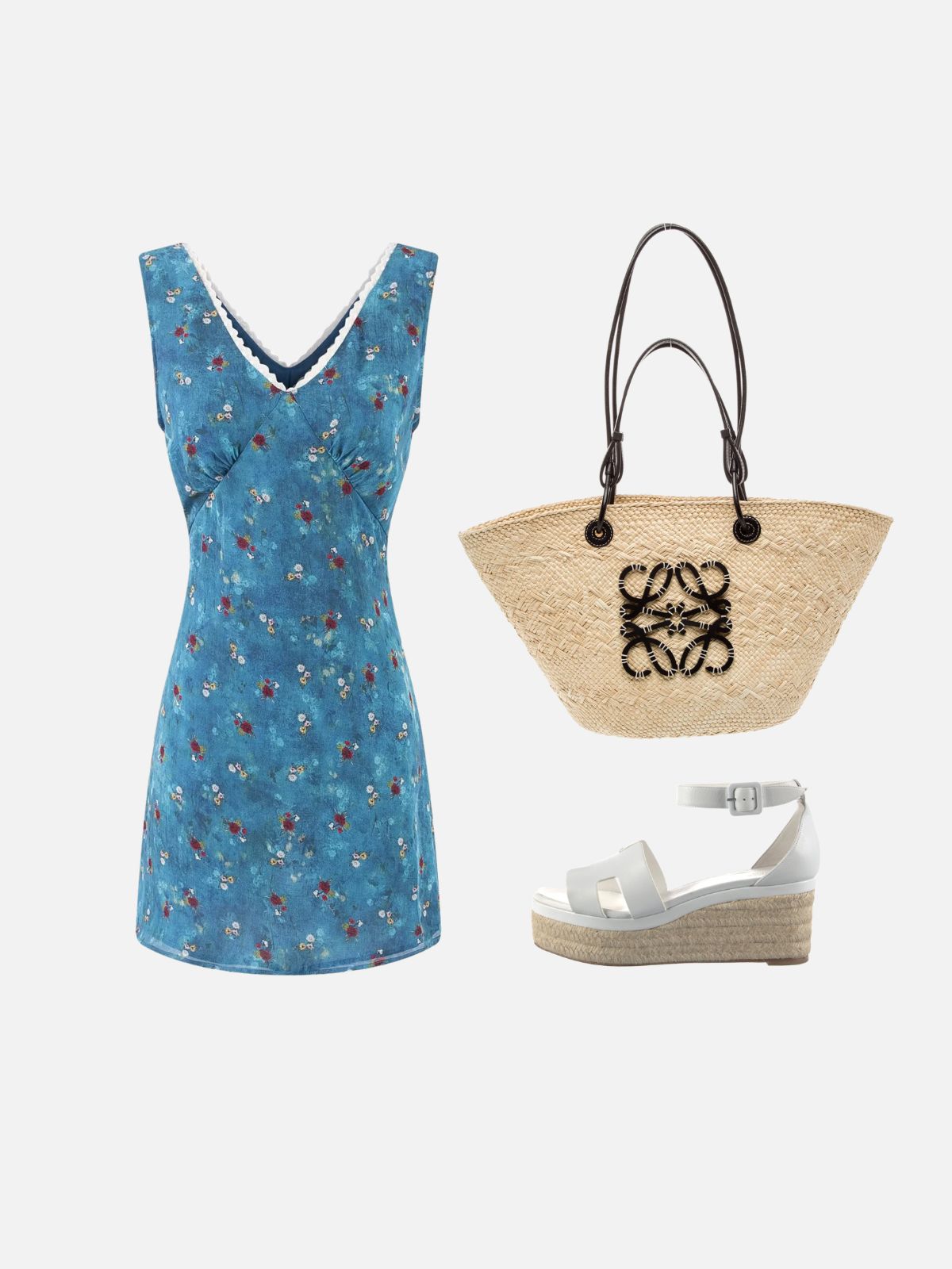 Haaura Washed Blue Floral Lace V-Neck Smocked Mini Dress