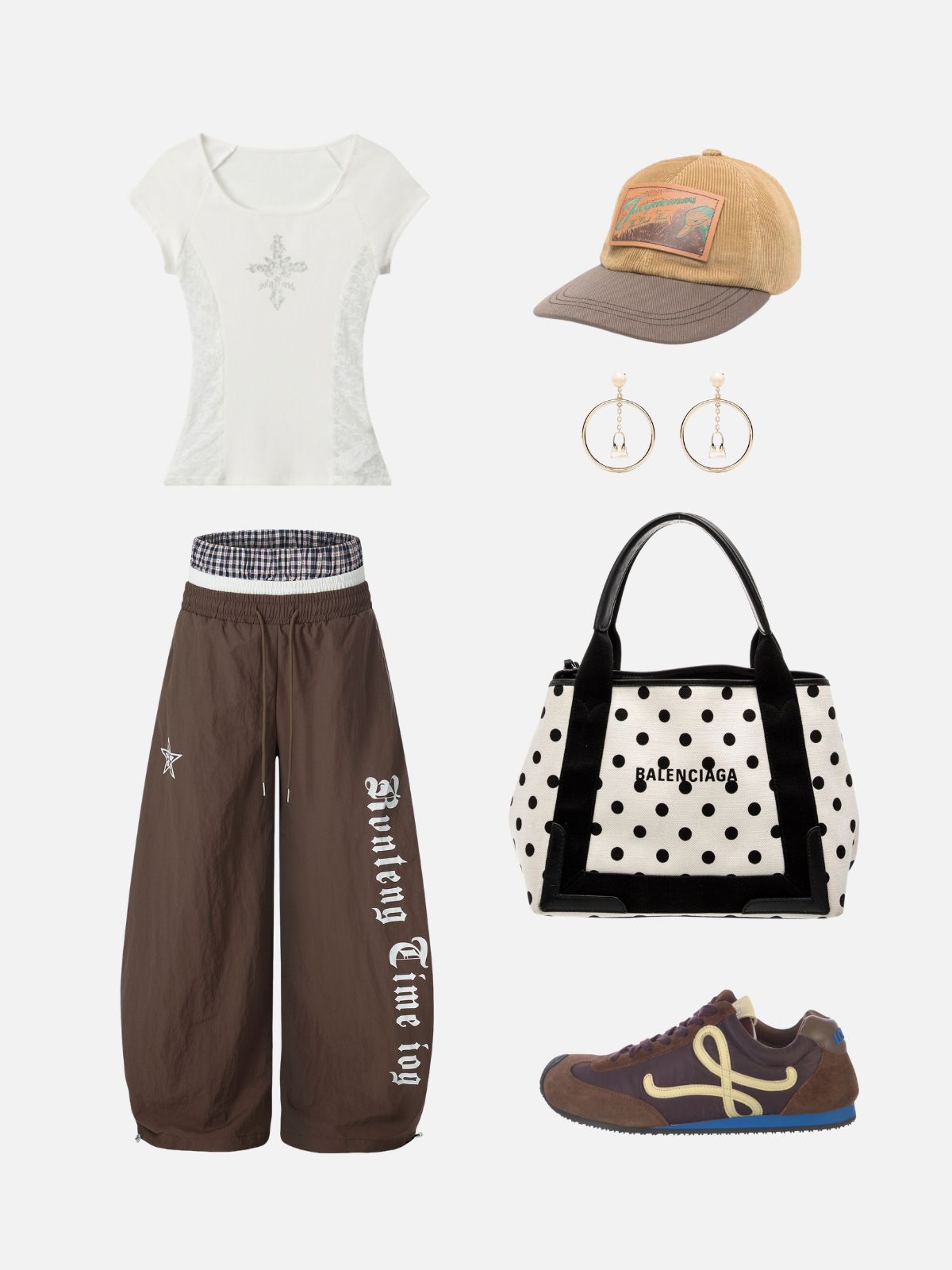 Haaura Star & Text Embroidered Plaid Panel Pants