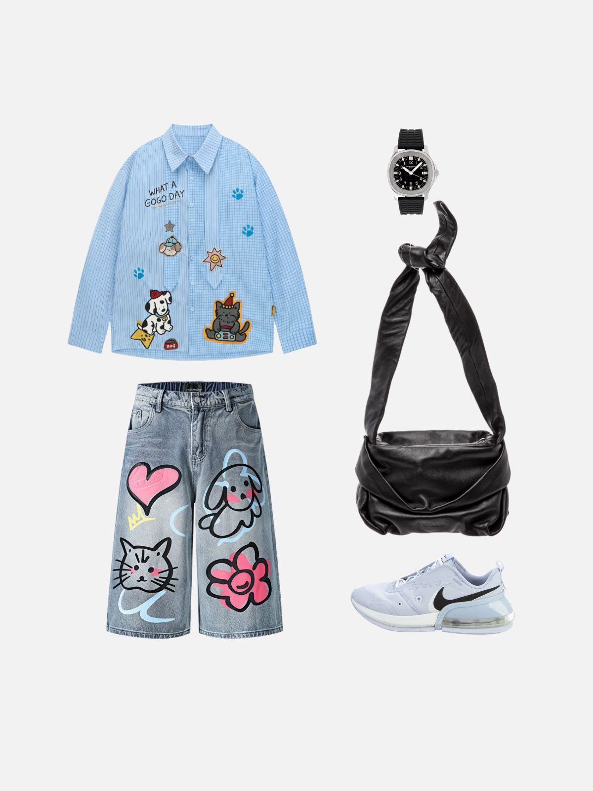 Haaura Cartoon Patches & Checkered Panel Baggy Jeans