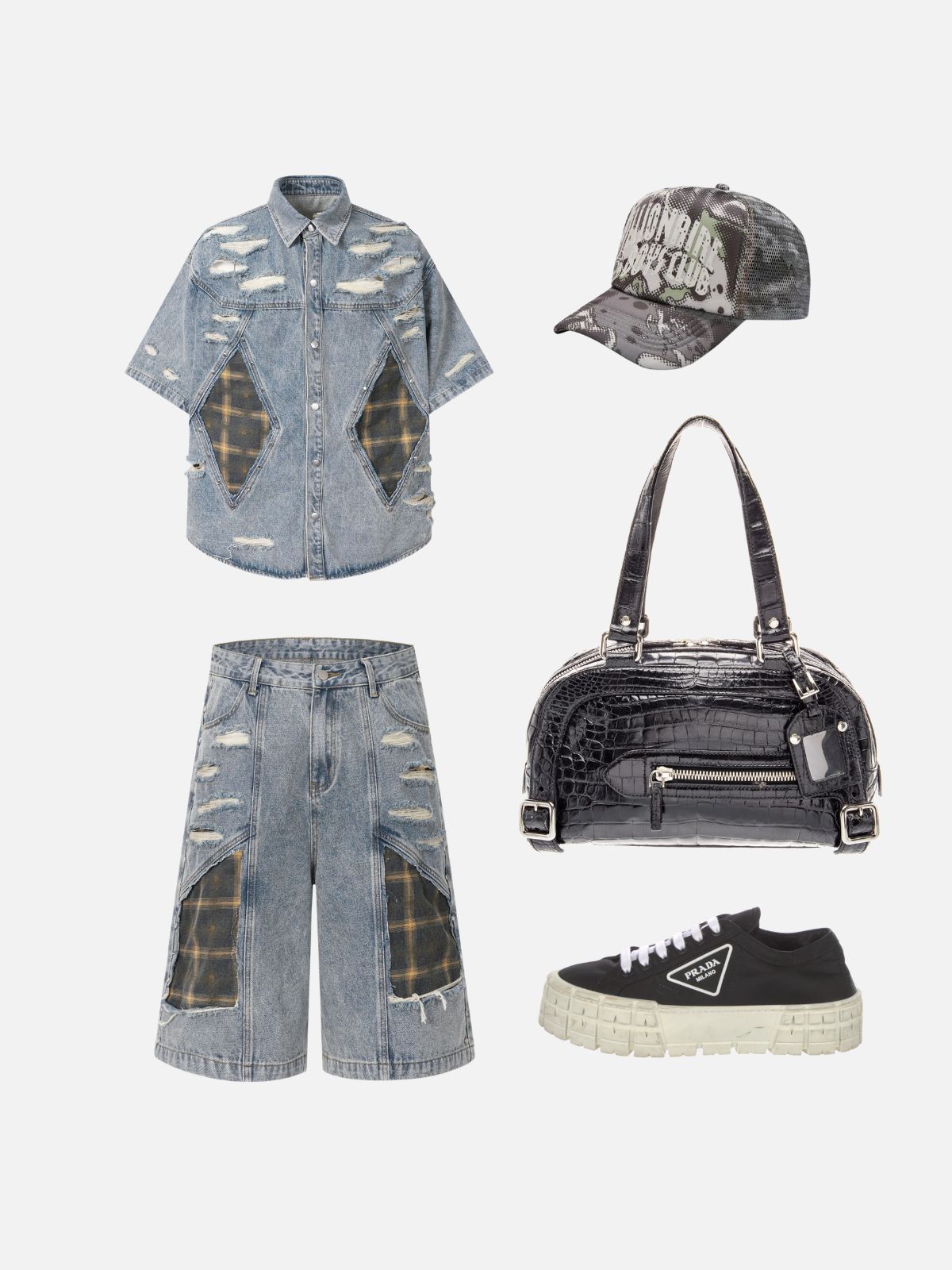Haaura Plaid Patchwork Denim Shirt