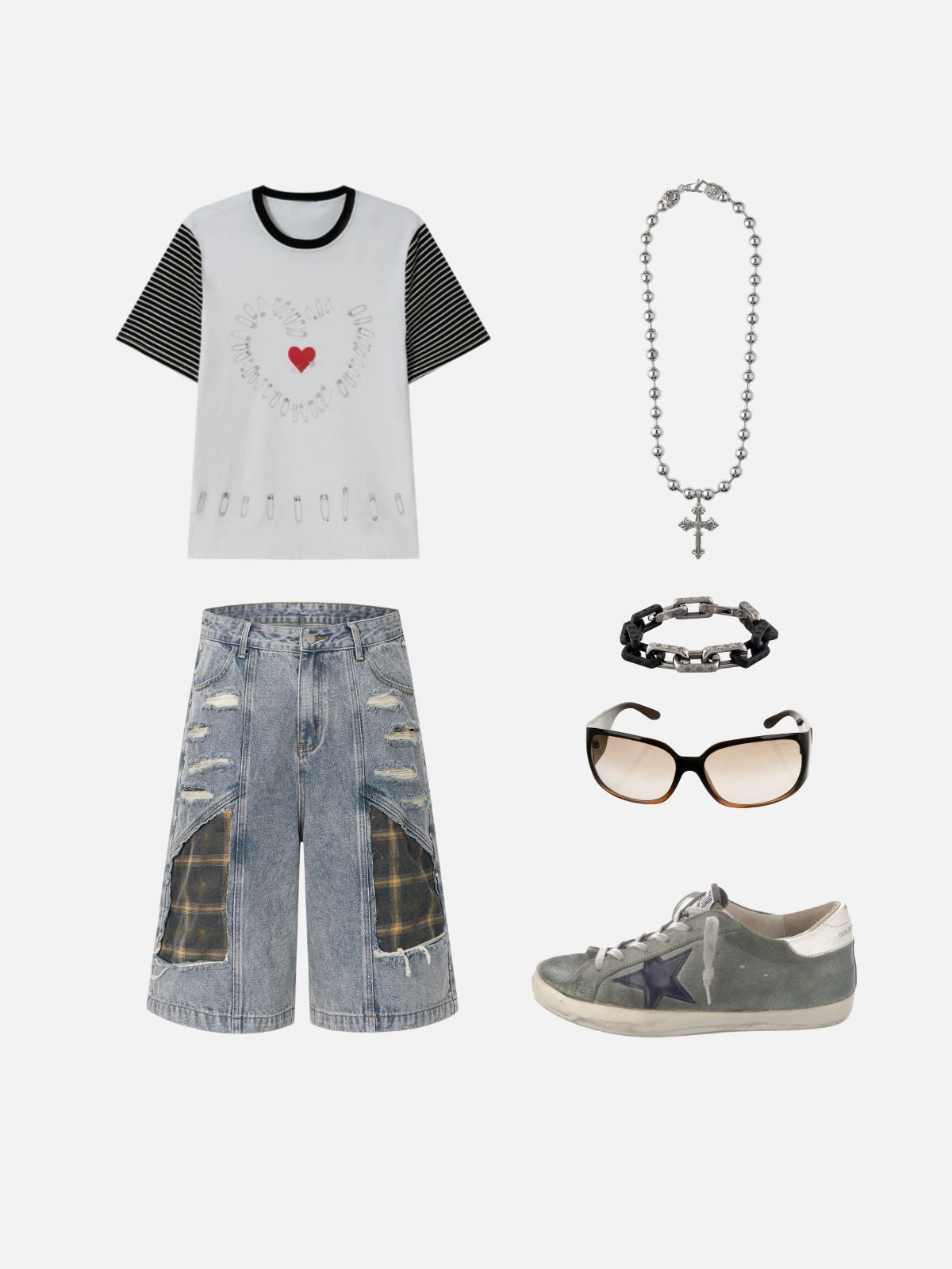 Haaura Distressed Patchwork Baggy Jorts
