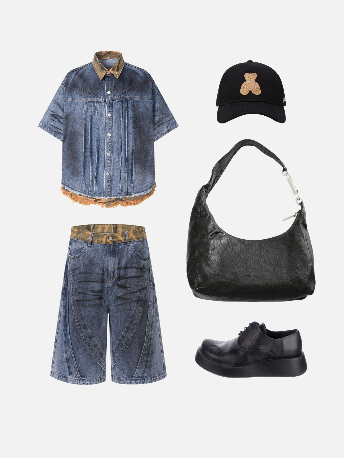 Haaura Vintage Washed Camouflage Panel Pleated Denim Shirt