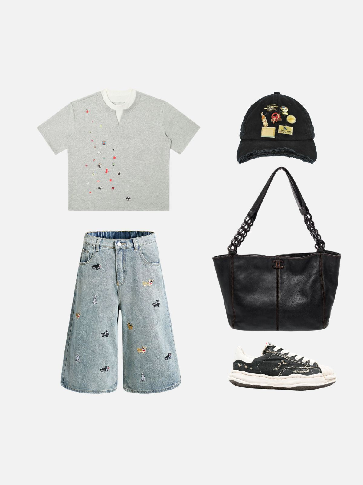 Haaura Embroidered Dog Print Baggy Jorts