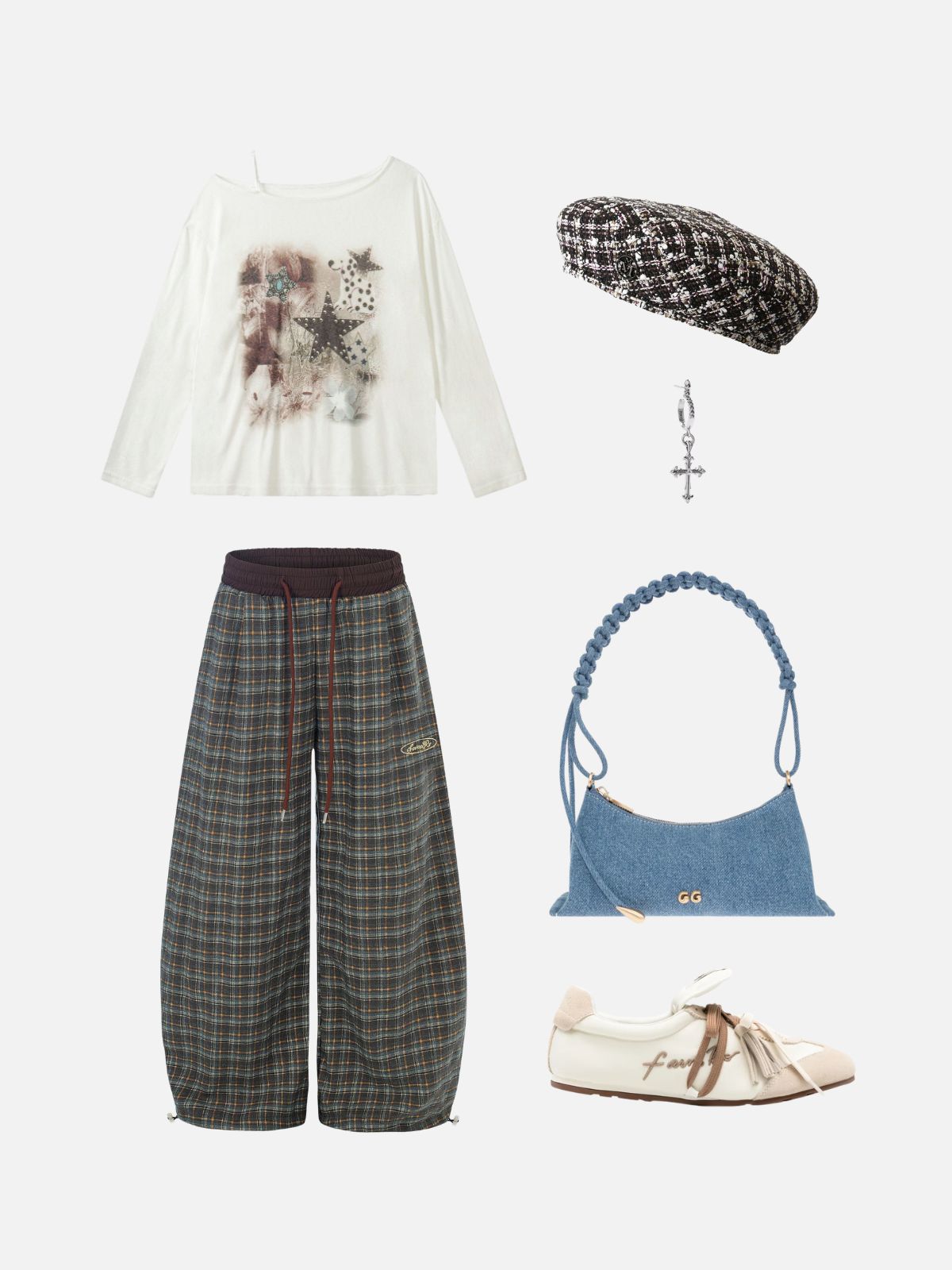 Haaura Vintage Plaid Embroidered Patch Pants