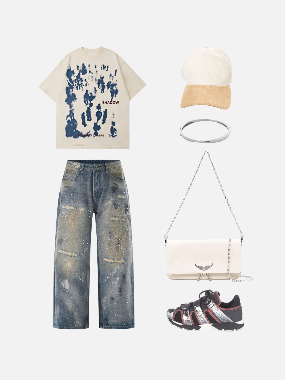 Haaura Fireworks Rhinestone Baggy Jeans