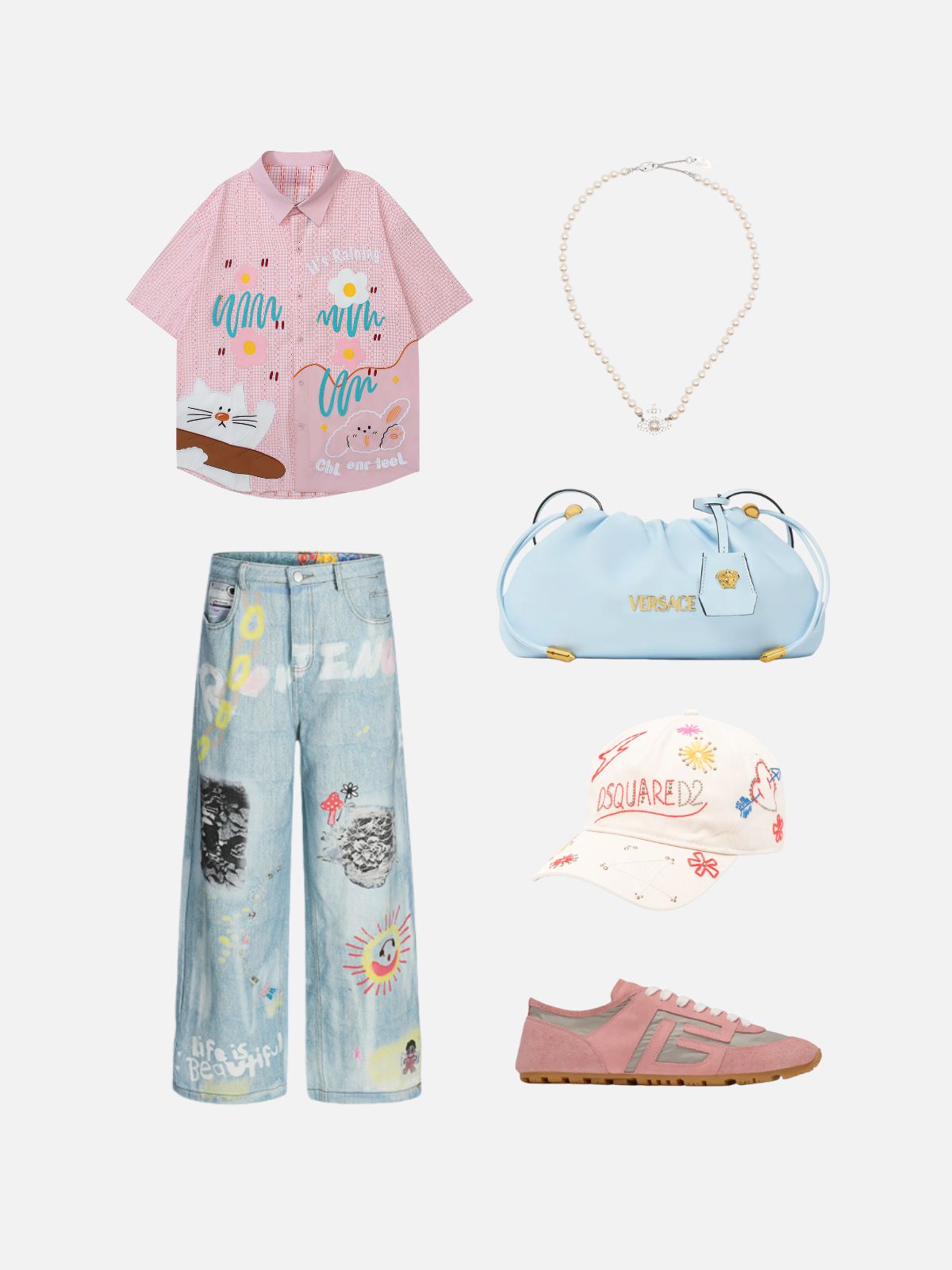 Haaura Oversized Gingham Cat & Rabbit Shirt