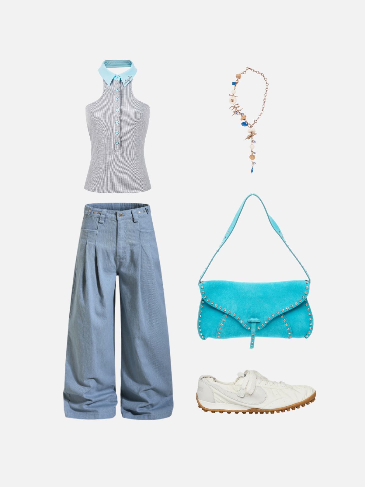 Haaura Embroidered Contrast Collar Halterneck Tank Top