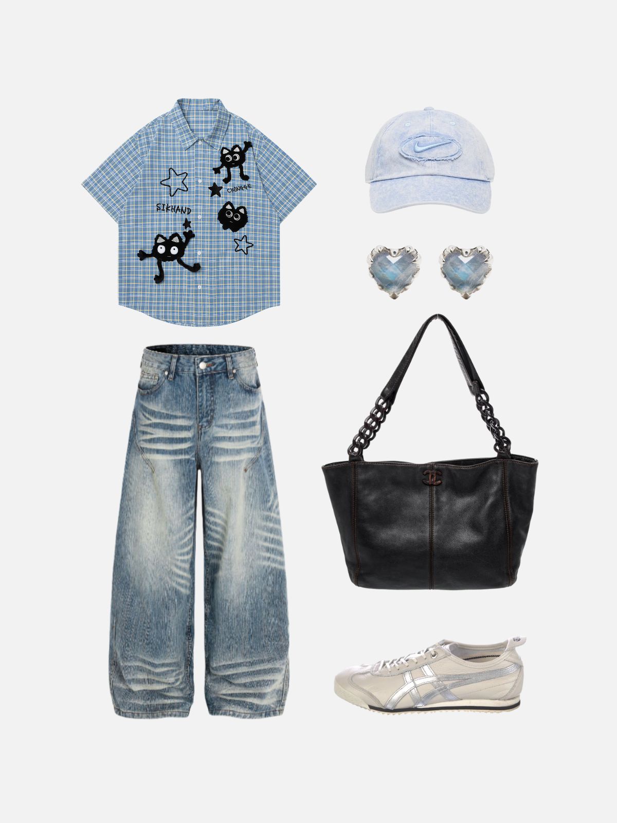 Haaura Oversized Cat & Star Embroidered Shirt