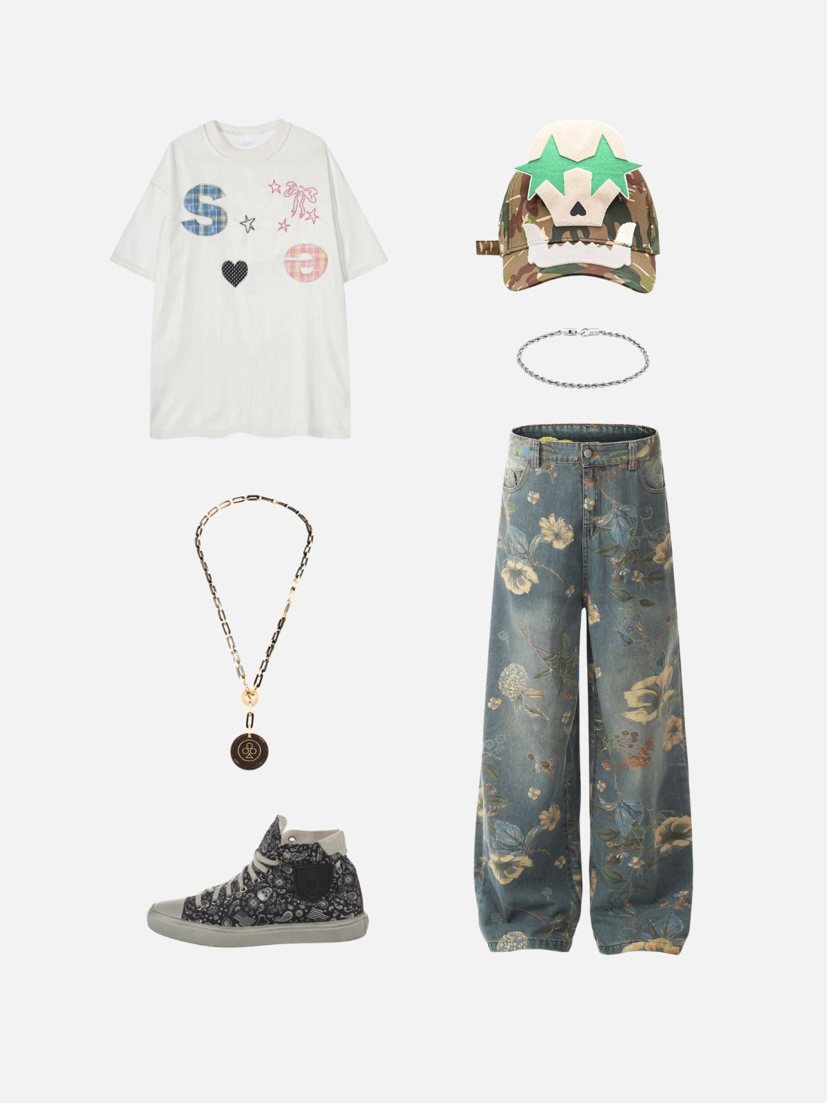 Haaura Vintage Washed Floral Print Baggy Jeans