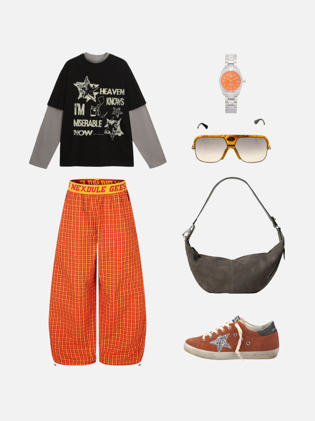 Haaura Checkered Bold Letter Waistband Baggy Pants