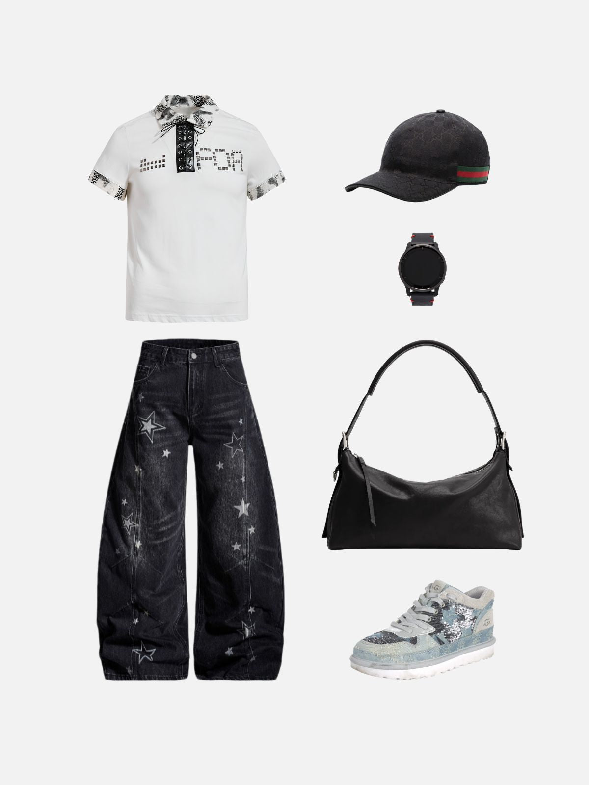 Haaura Lace-Up Leopard Print Pixelated Polo Shirt