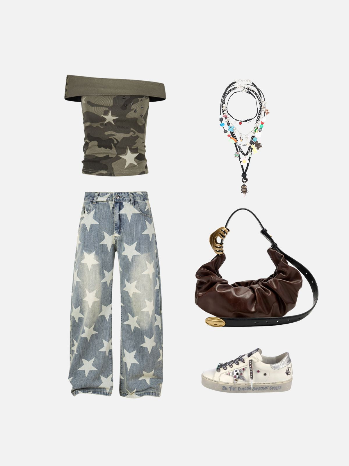 Haaura Baggy Wash Star Print Jeans