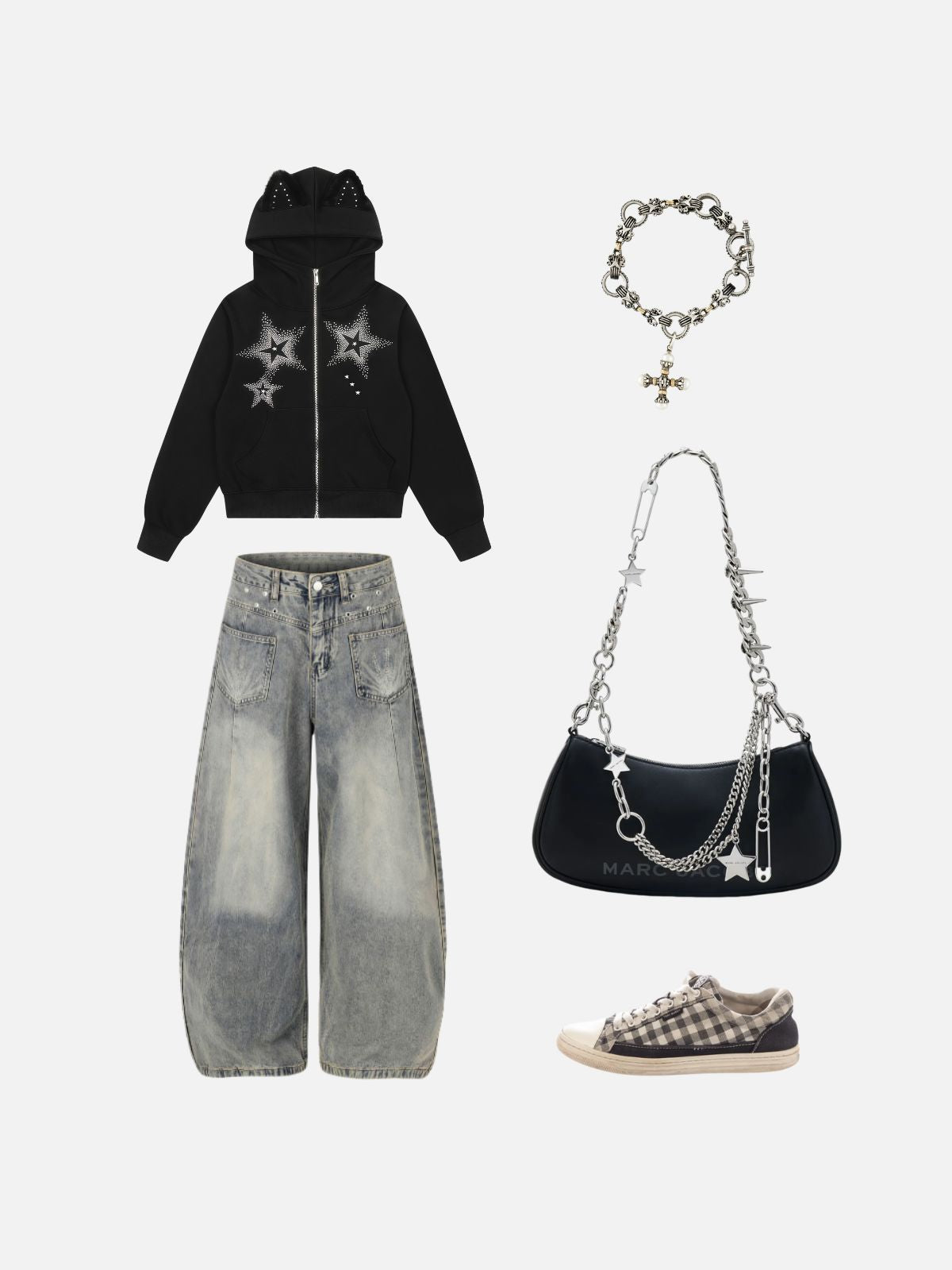Haaura Rhinestone Star Zip Up Hoodie