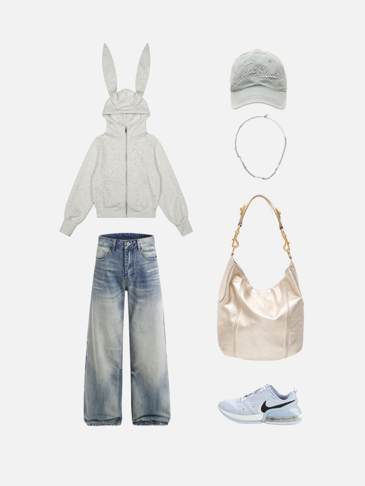 Haaura Rhinestone Bunny Ear Cropped Zip Up Hoodie