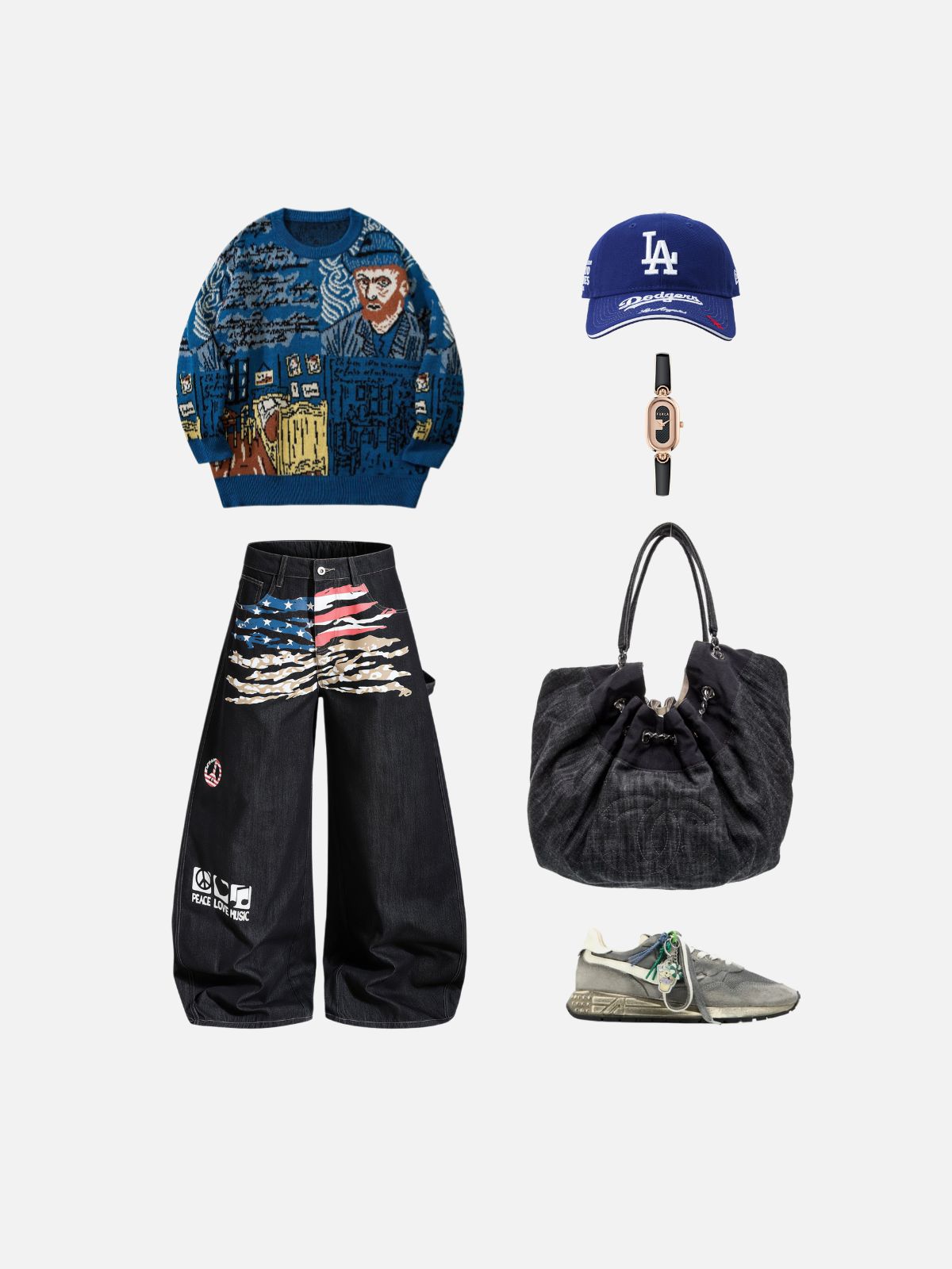 Haaura Distressed Flag Graphic Cargo Baggy Jeans