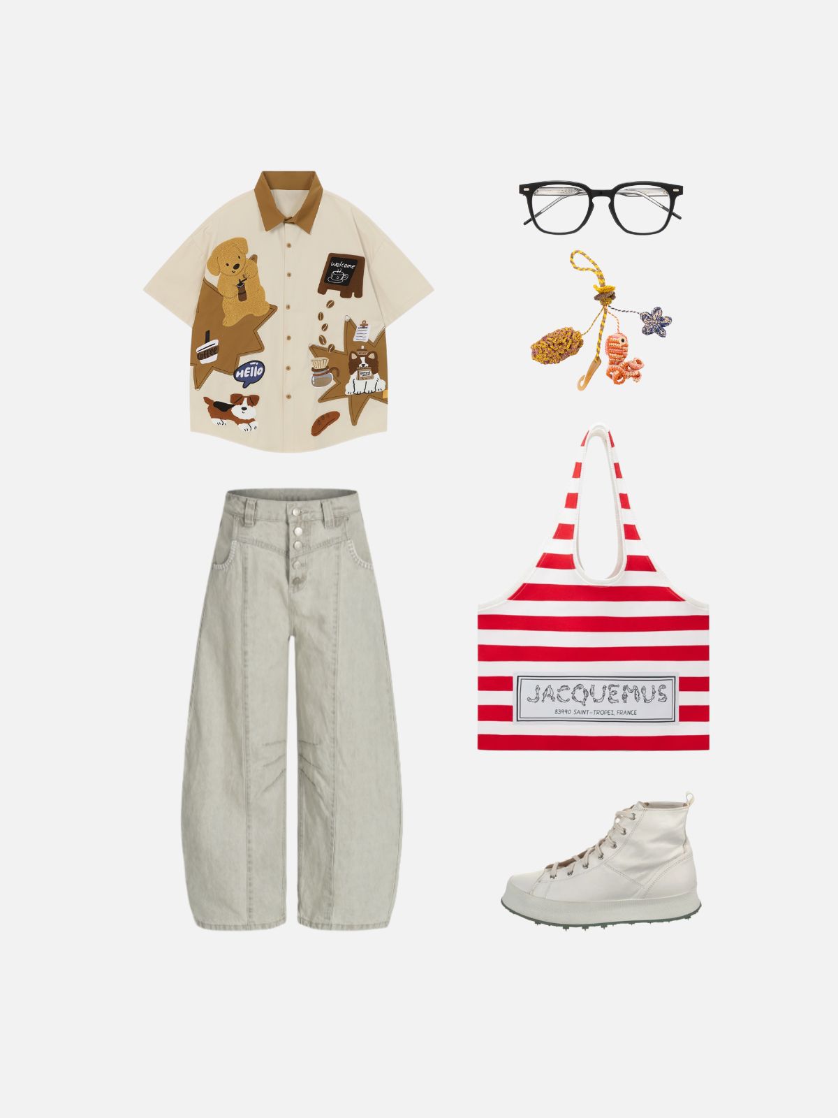 Haaura Boxy Contrast Collar Coffee Dog Appliqué Shirt