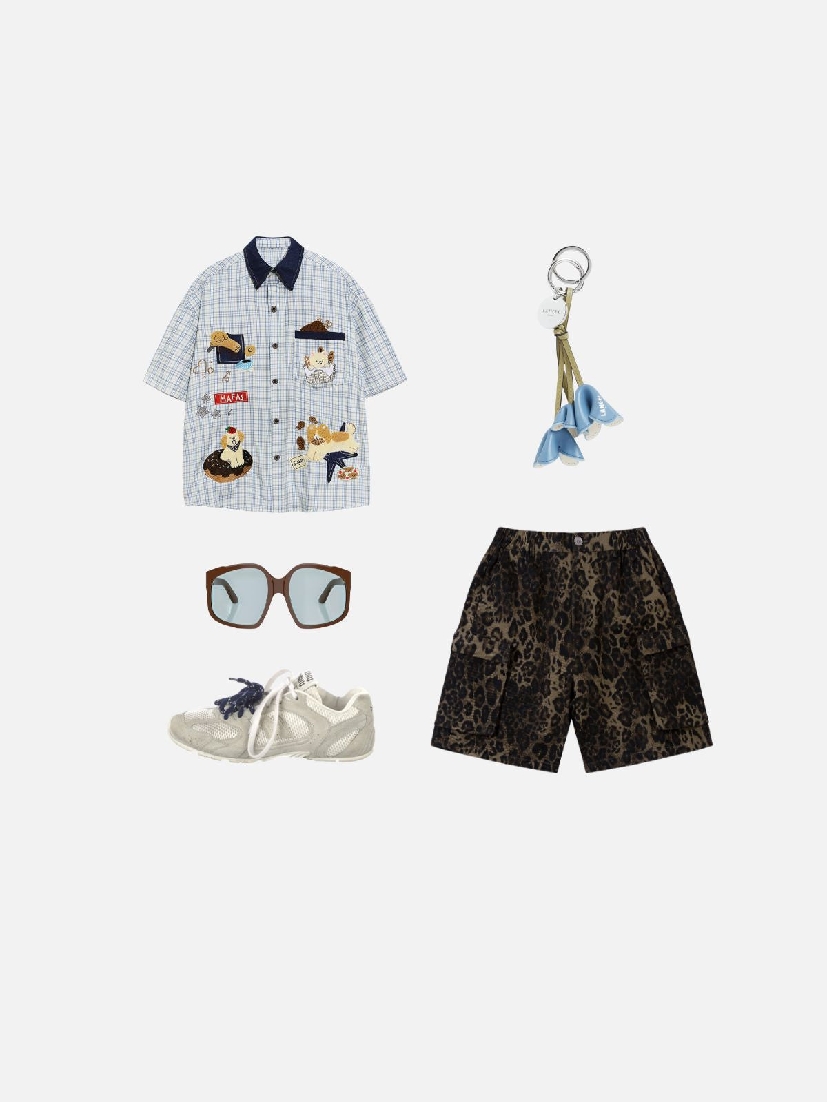 Haaura Boxy Contrast Collar Gingham Pet Graphic Shirt