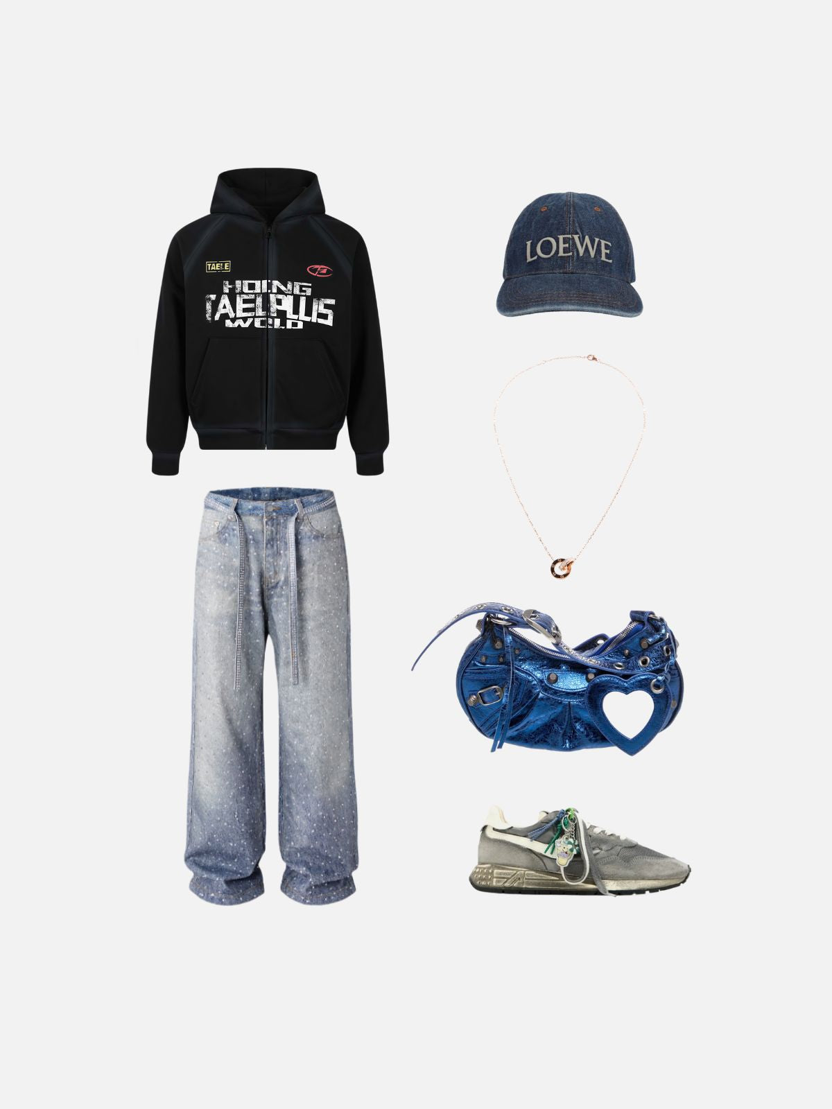 Haaura Boxy Distressed Text Graphic Zip Up Hoodie