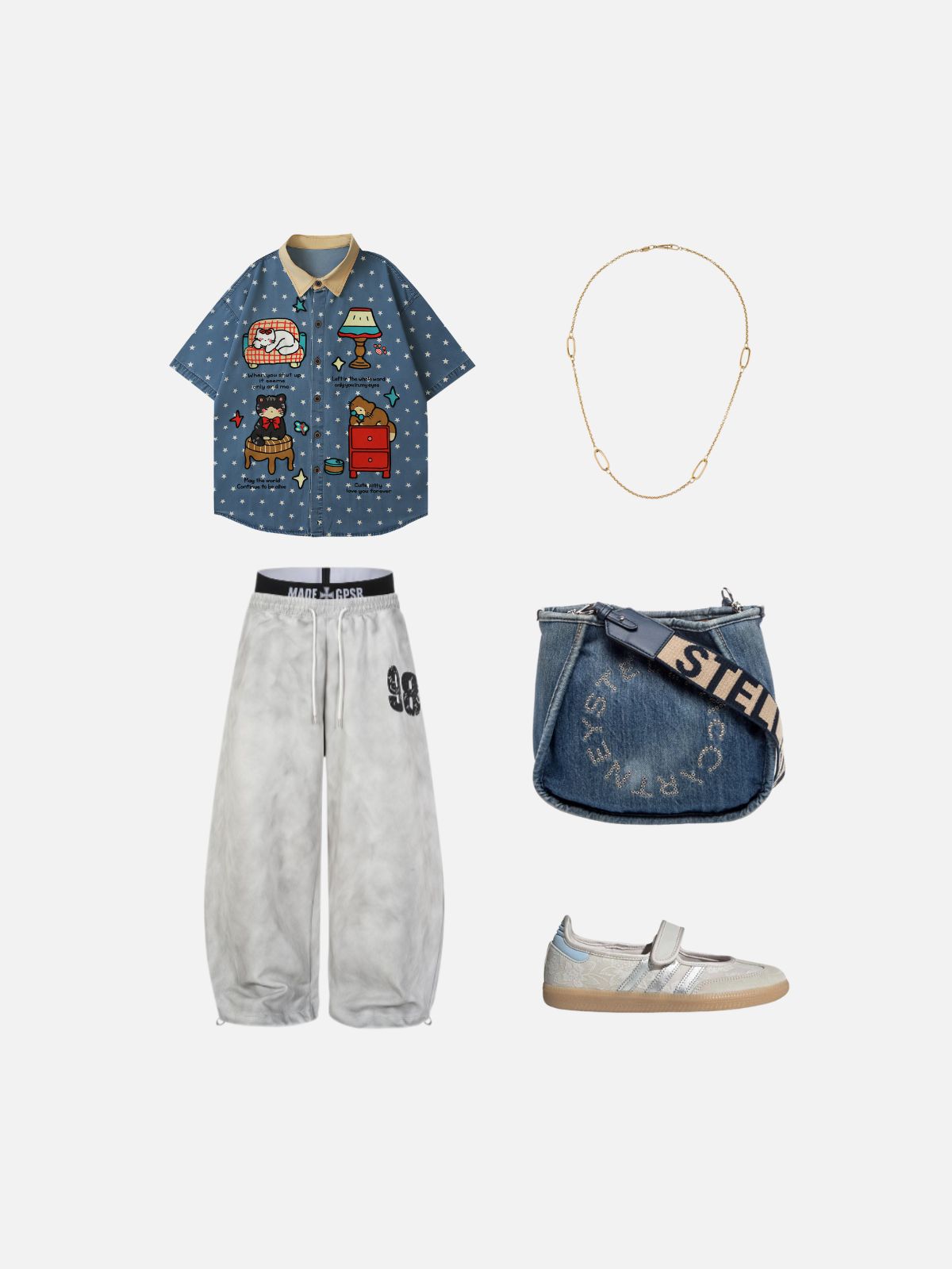 Haaura Boxy Contrast Collar Cat Appliqué Star Print Shirt