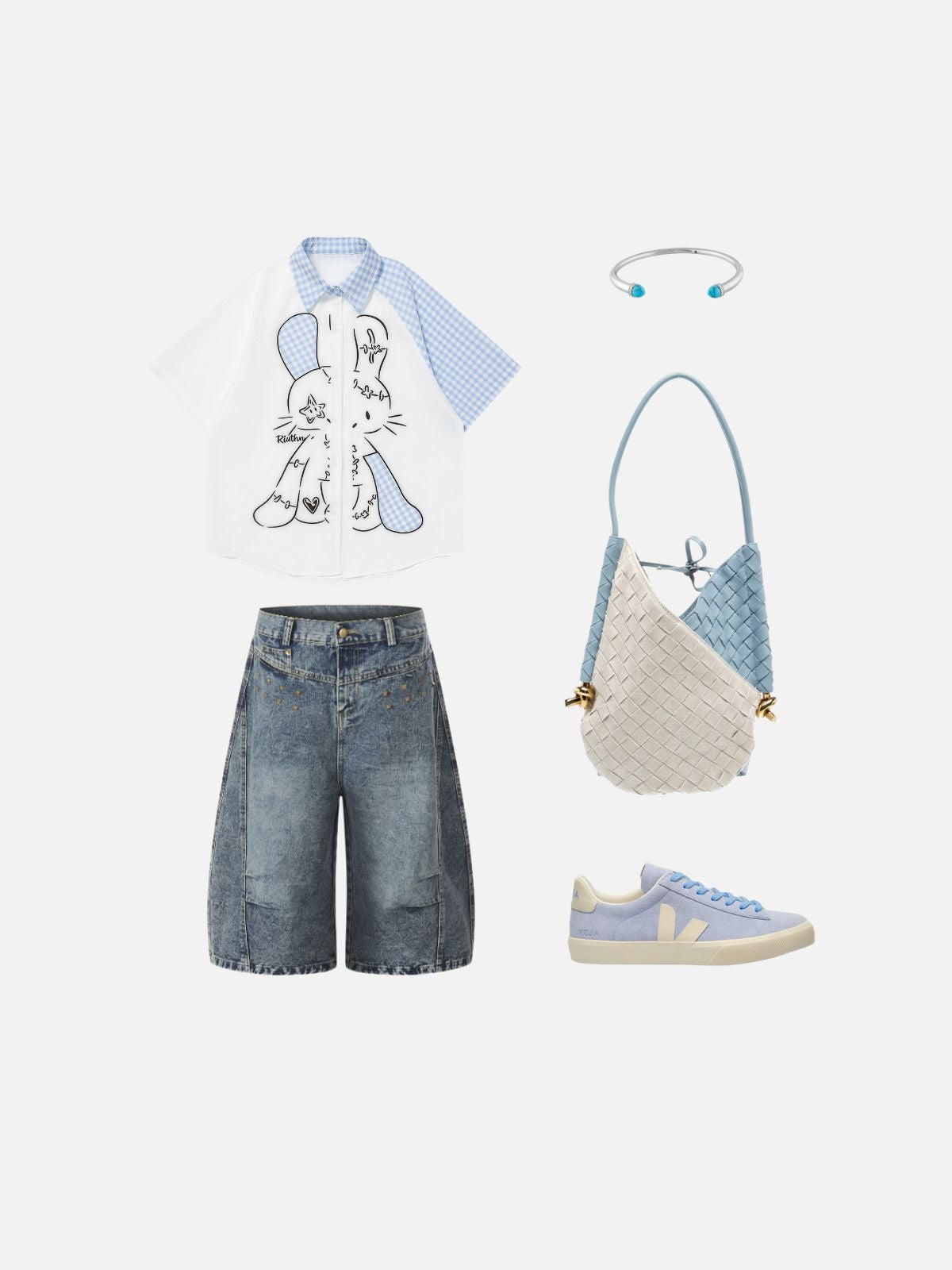 Haaura Boxy Gingham Contrast Line Art Rabbit Shirt
