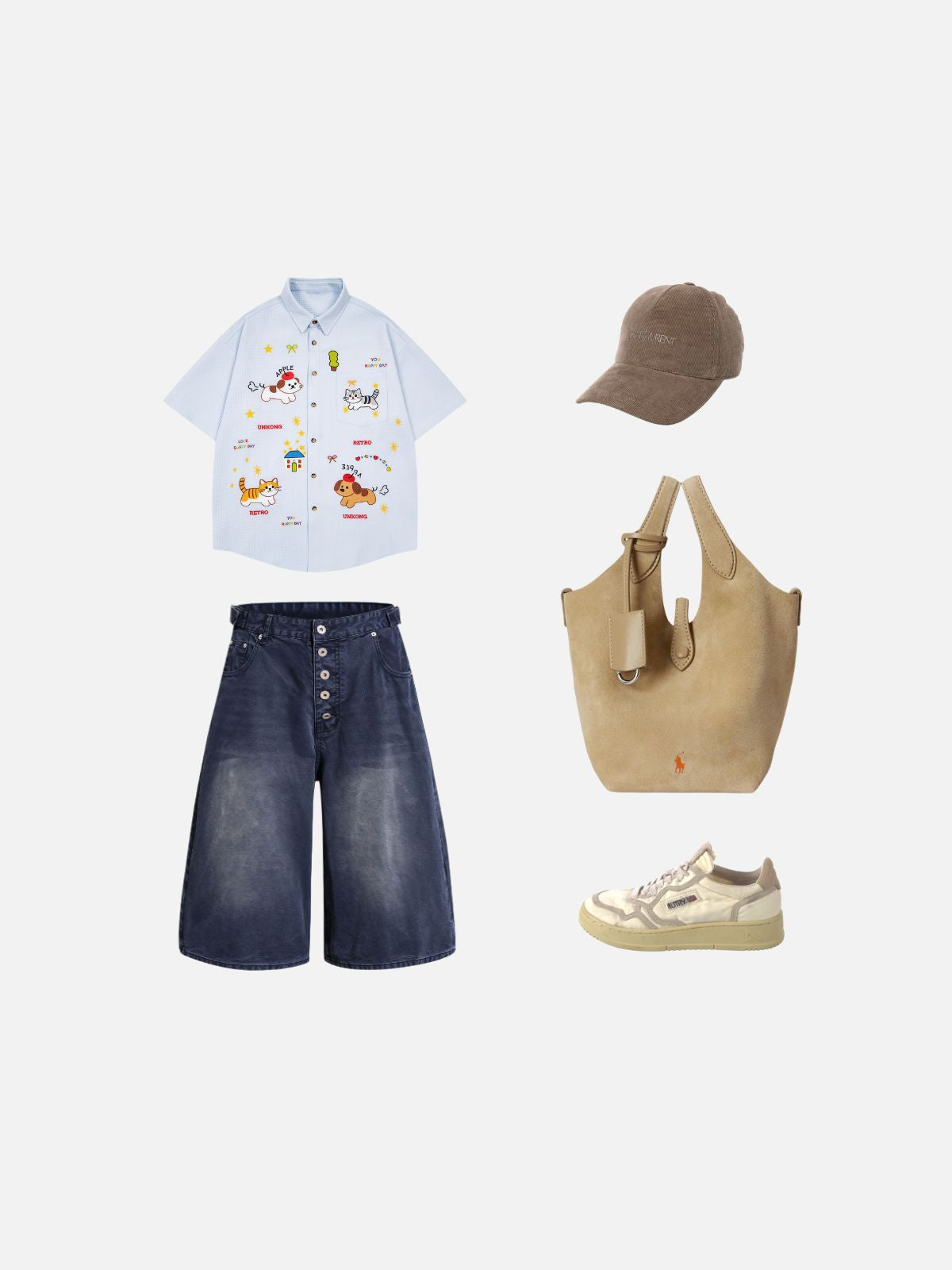 Haaura Boxy Waffle Cartoon Animal Embroidered Shirt