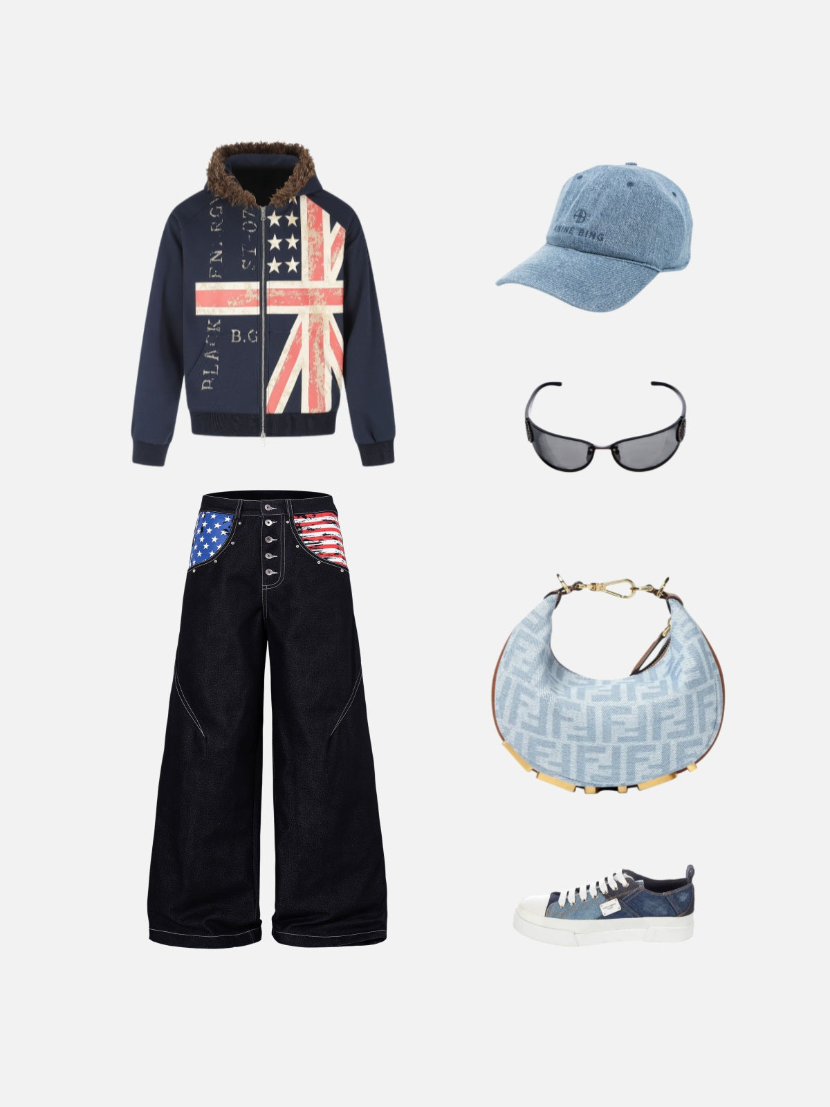 Haaura Flag Graphic Pocket Button-Fly Baggy Jeans