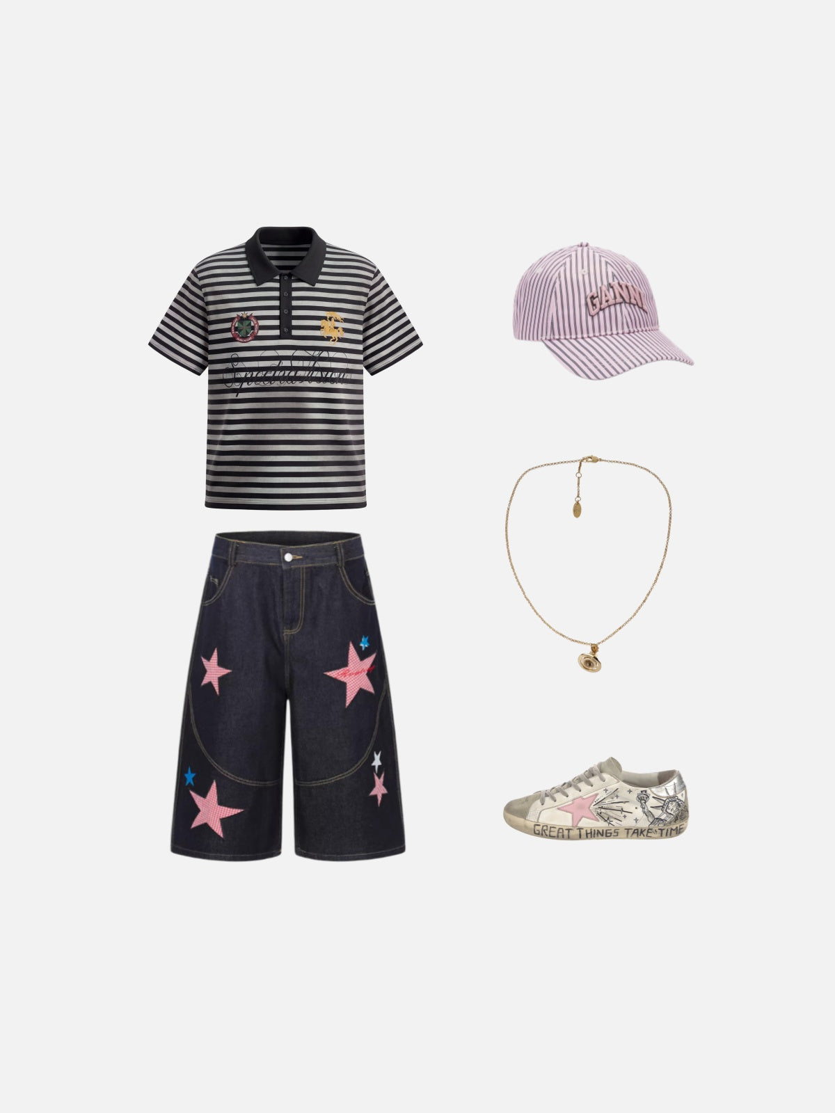 Haaura Boxy Contrast Collar Stripe Graphic Polo Shirt
