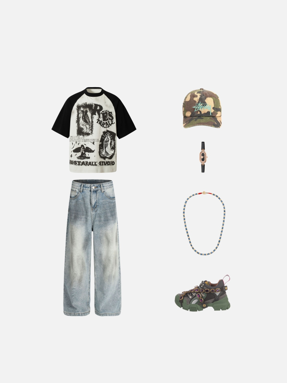 Haaura Boxy Distressed Graphic Contrast Raglan Tee