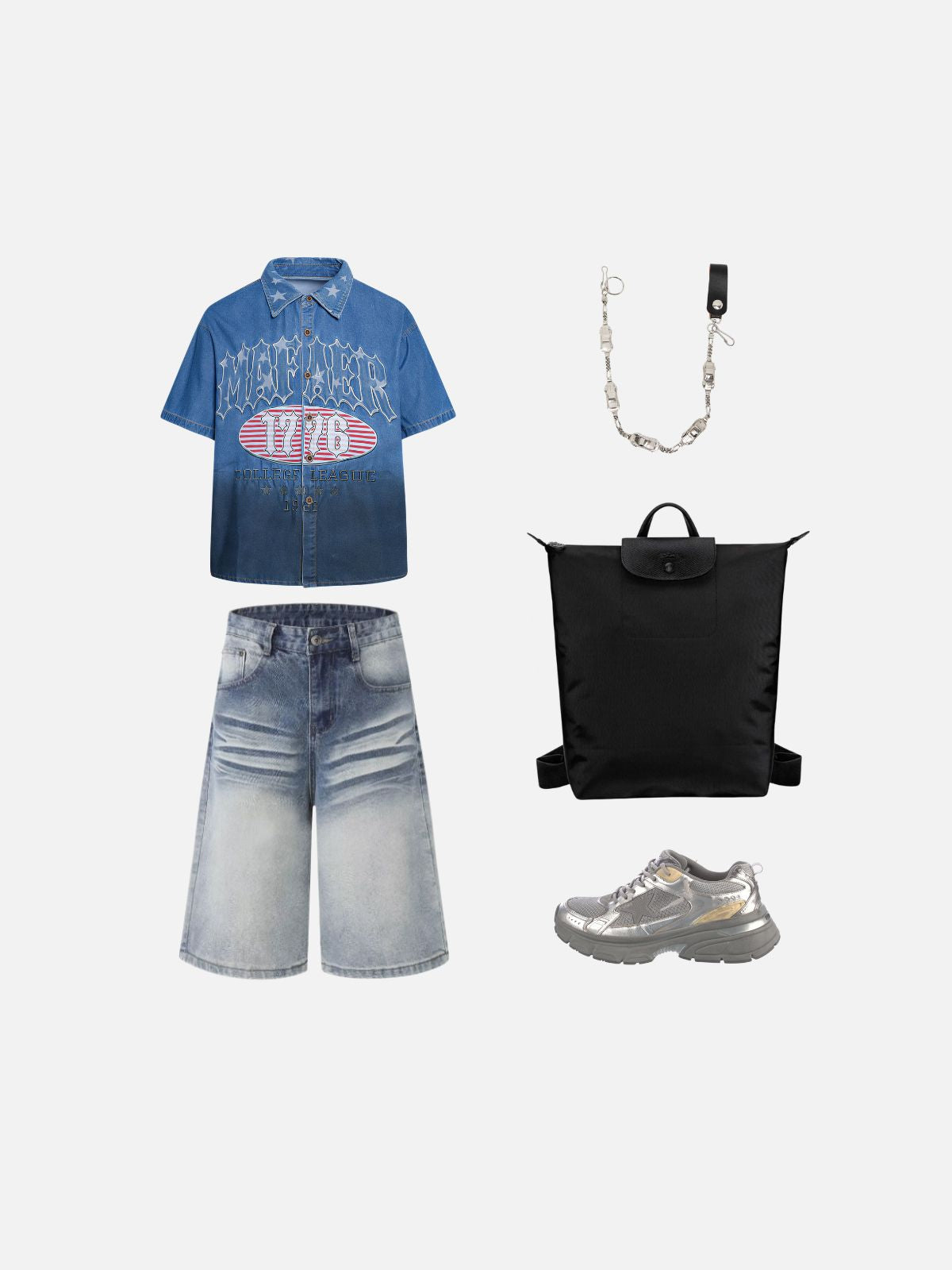 Haaura Boxy Star Collar Collegiate Graphic Denim Shirt