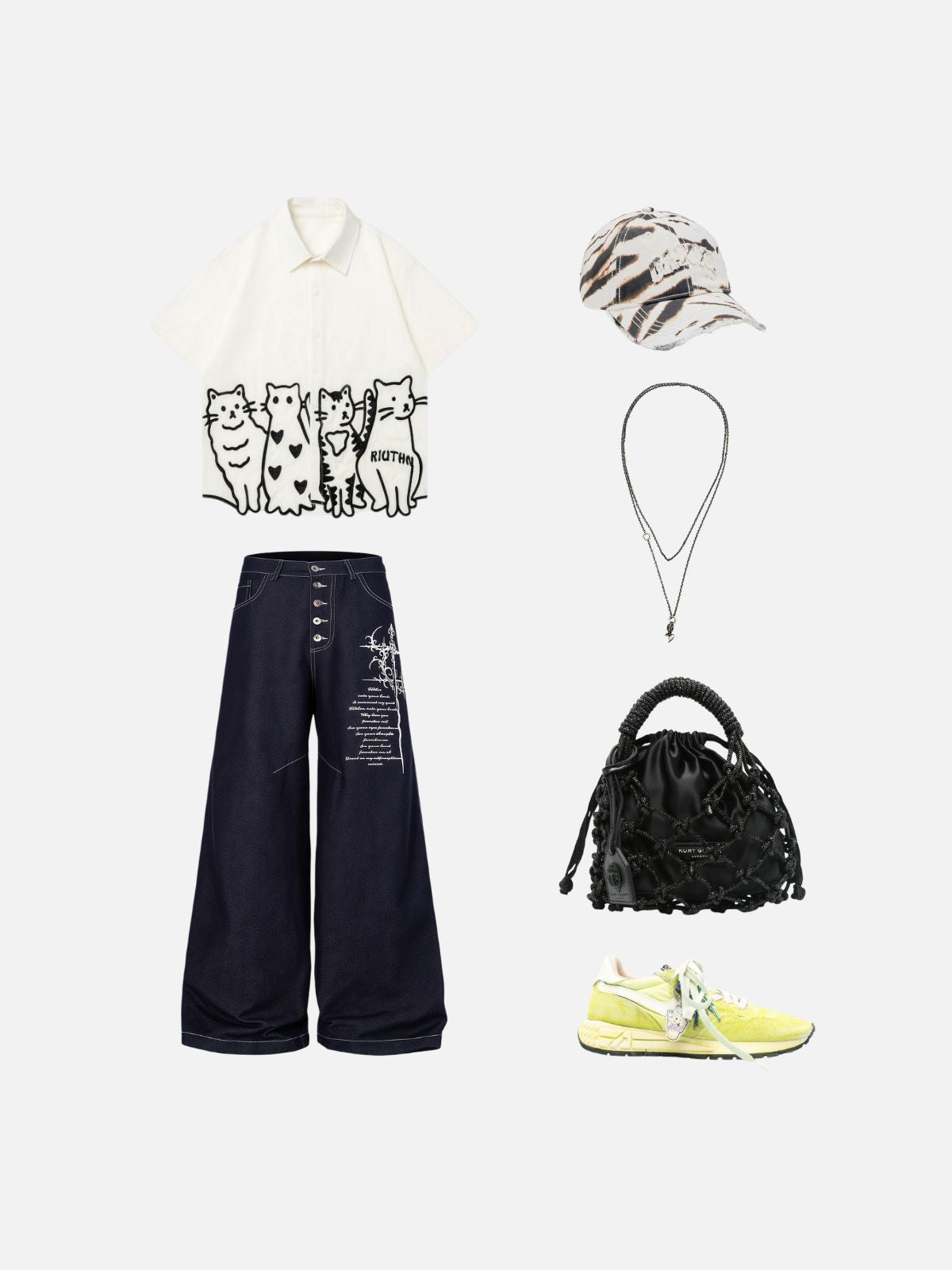 Haaura Script Graphic Paneled Button-Fly Baggy Jeans