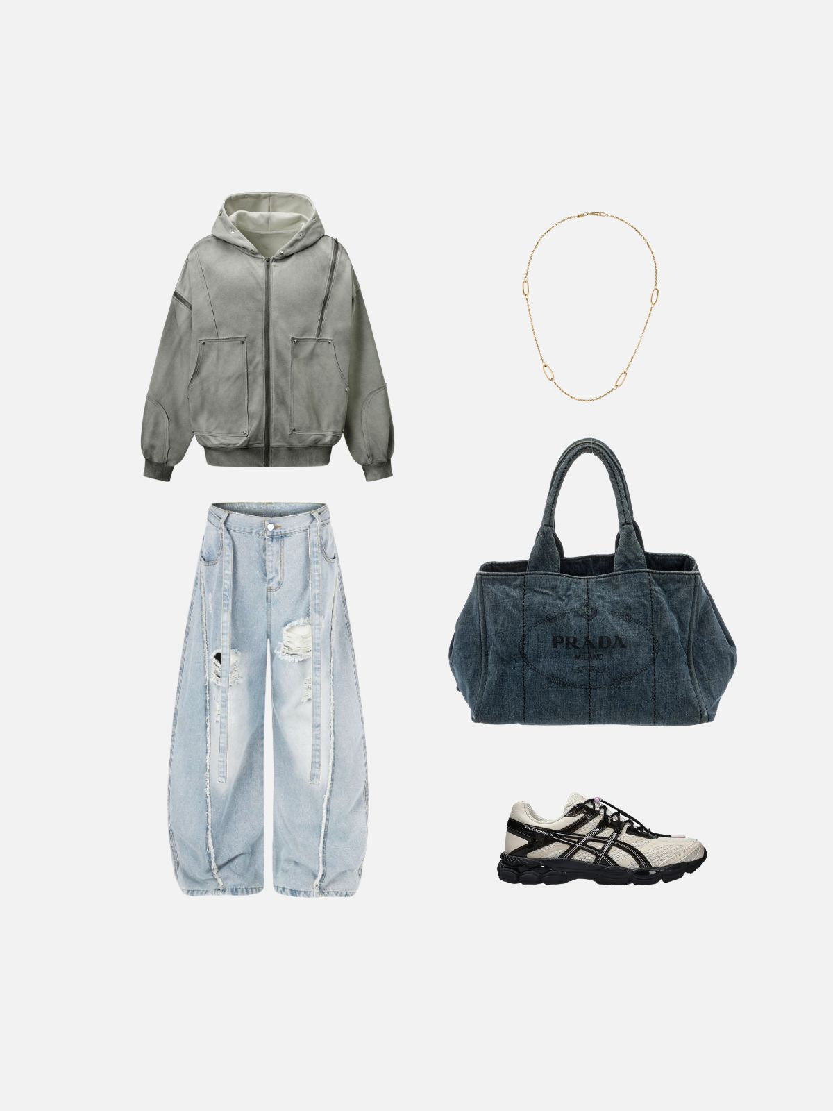 Haaura Boxy Washed Diagonal Zip Studded Hoodie
