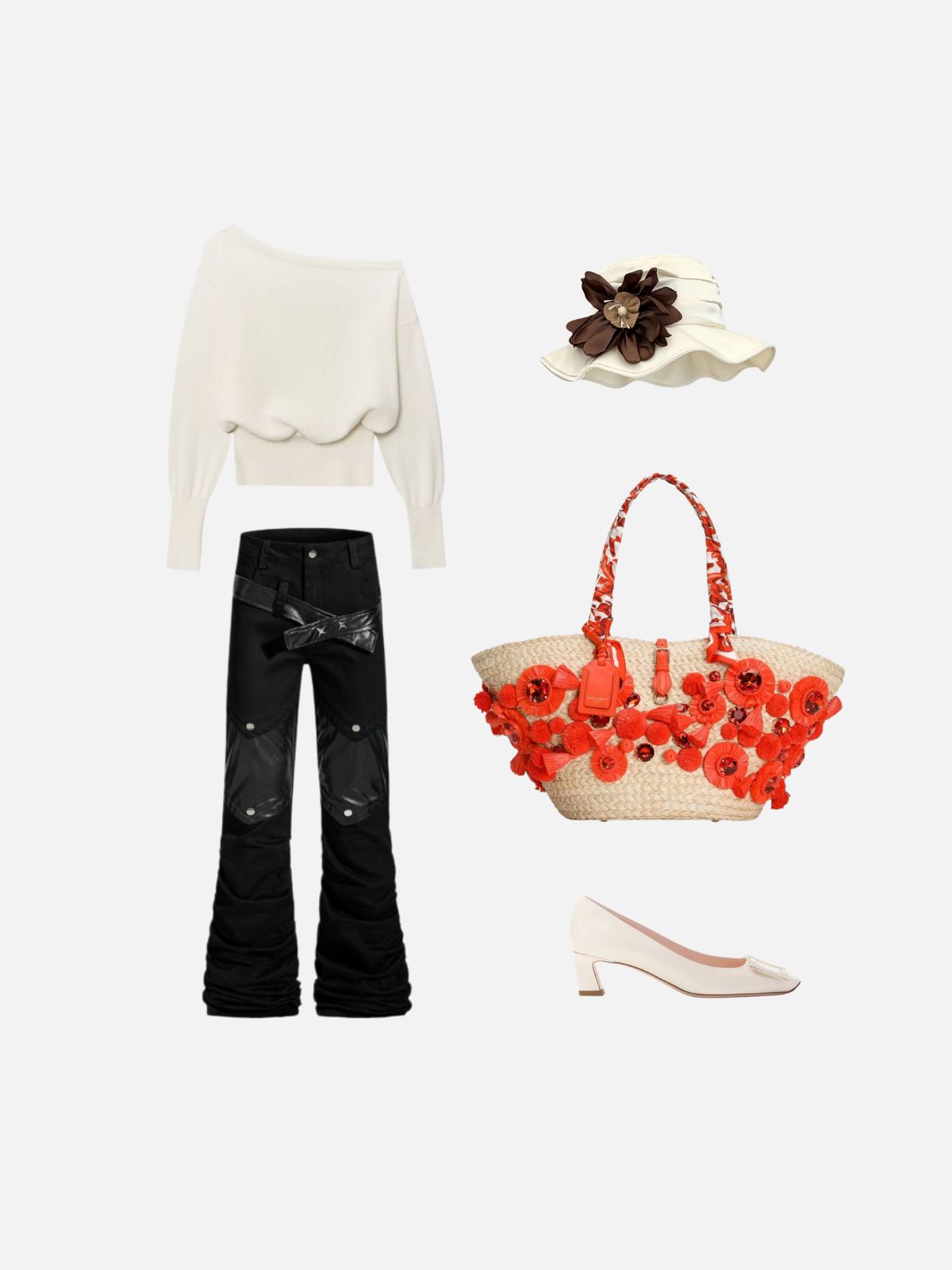Floral Appliqué Ruched Wide Brim Hat