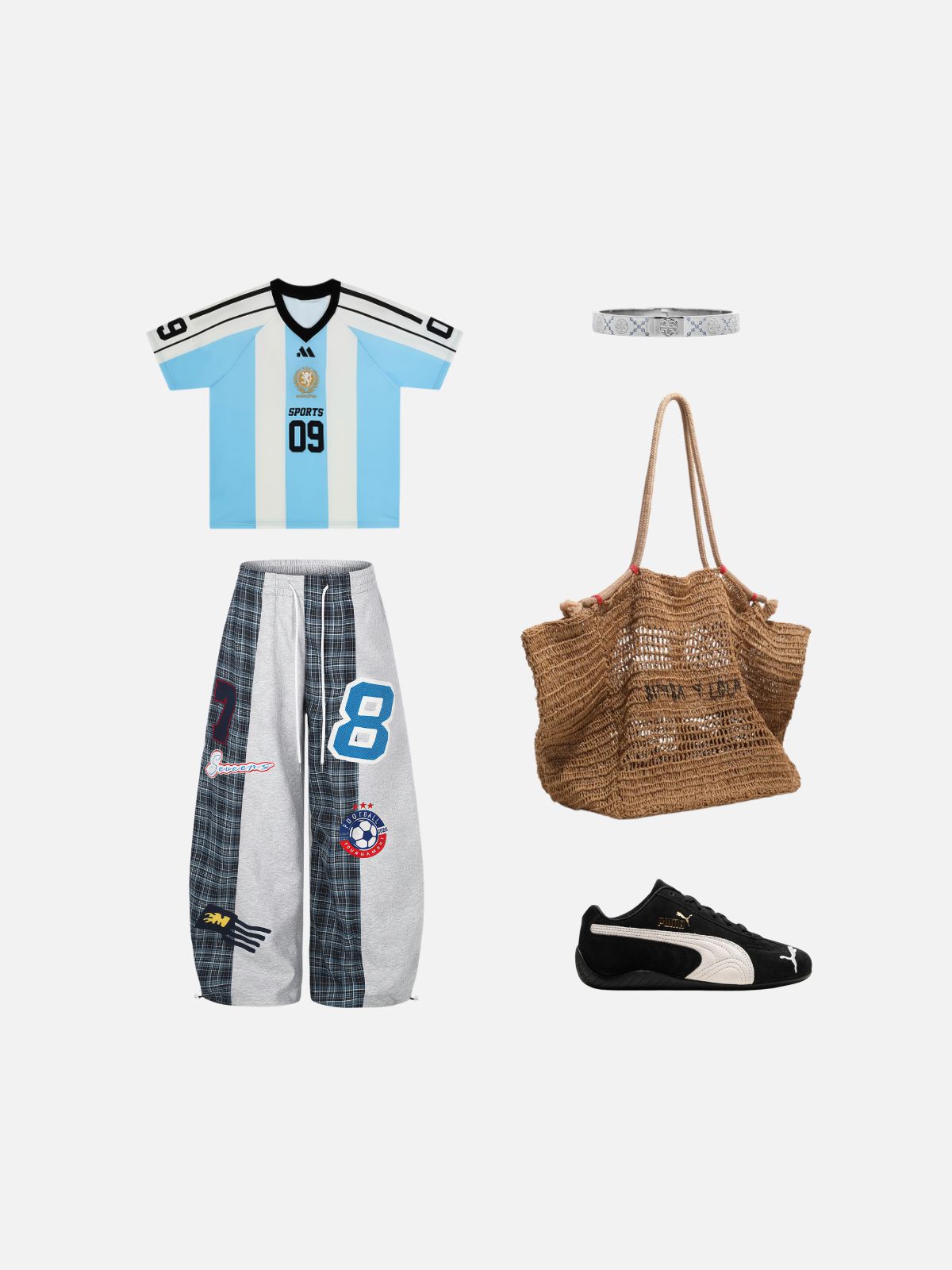 Haaura Plaid Panel No.8 Patch Drawstring Baggy Sweatpants