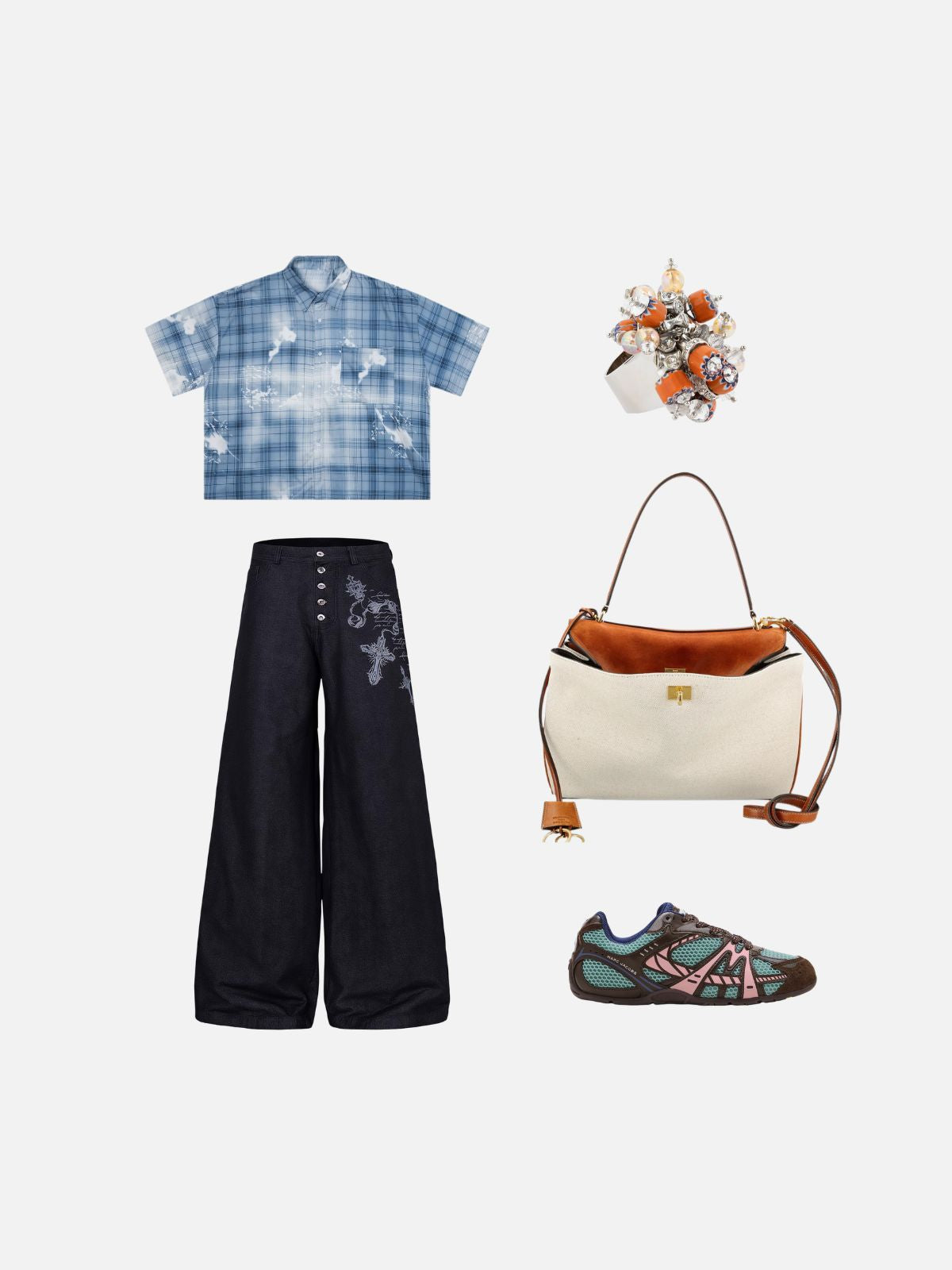 Haaura Cross Script Graphic Button-Fly Baggy Jeans