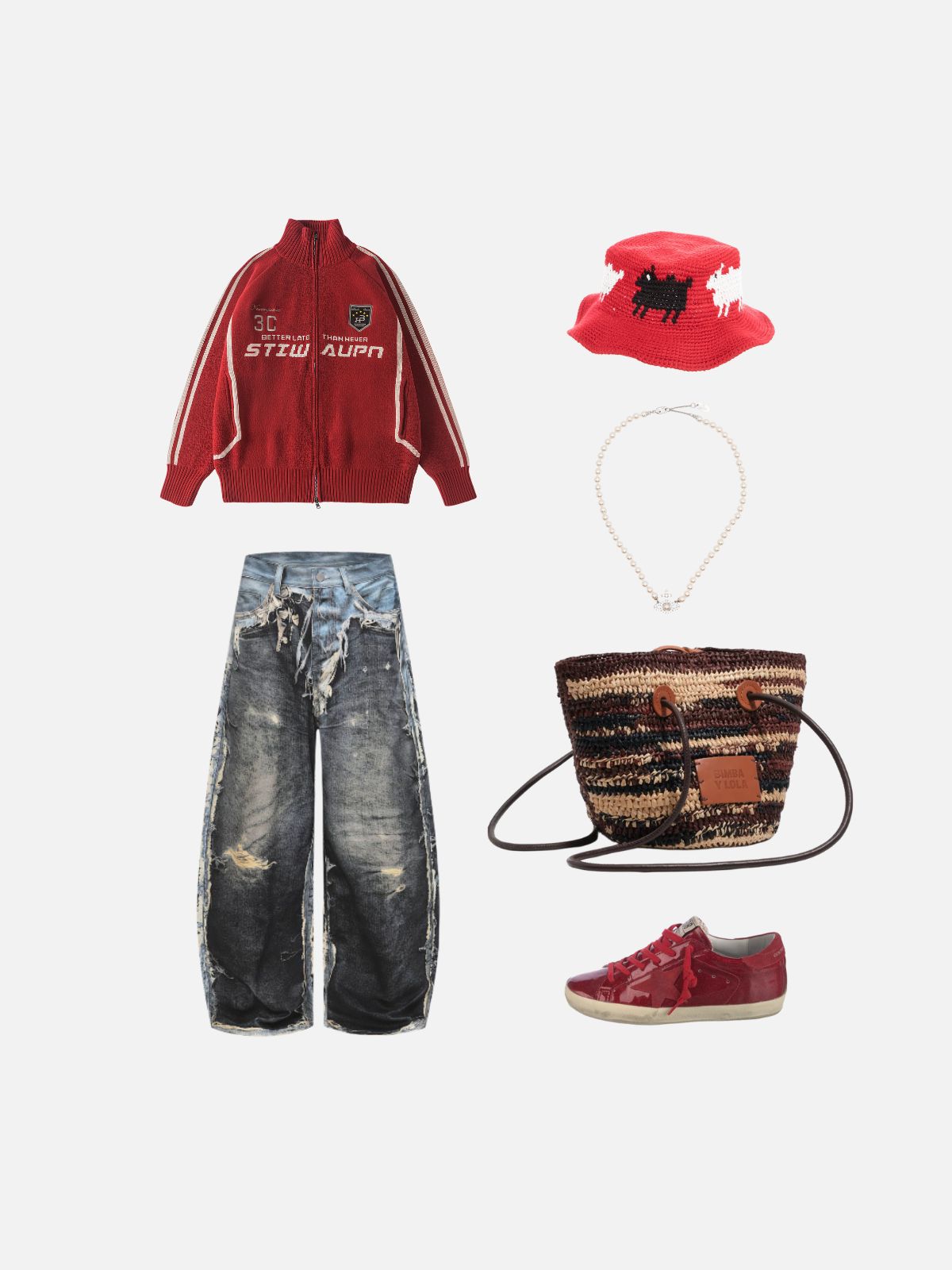 Haaura Boxy Contrast Stripe Knit Graphic Zip-Up Jacket