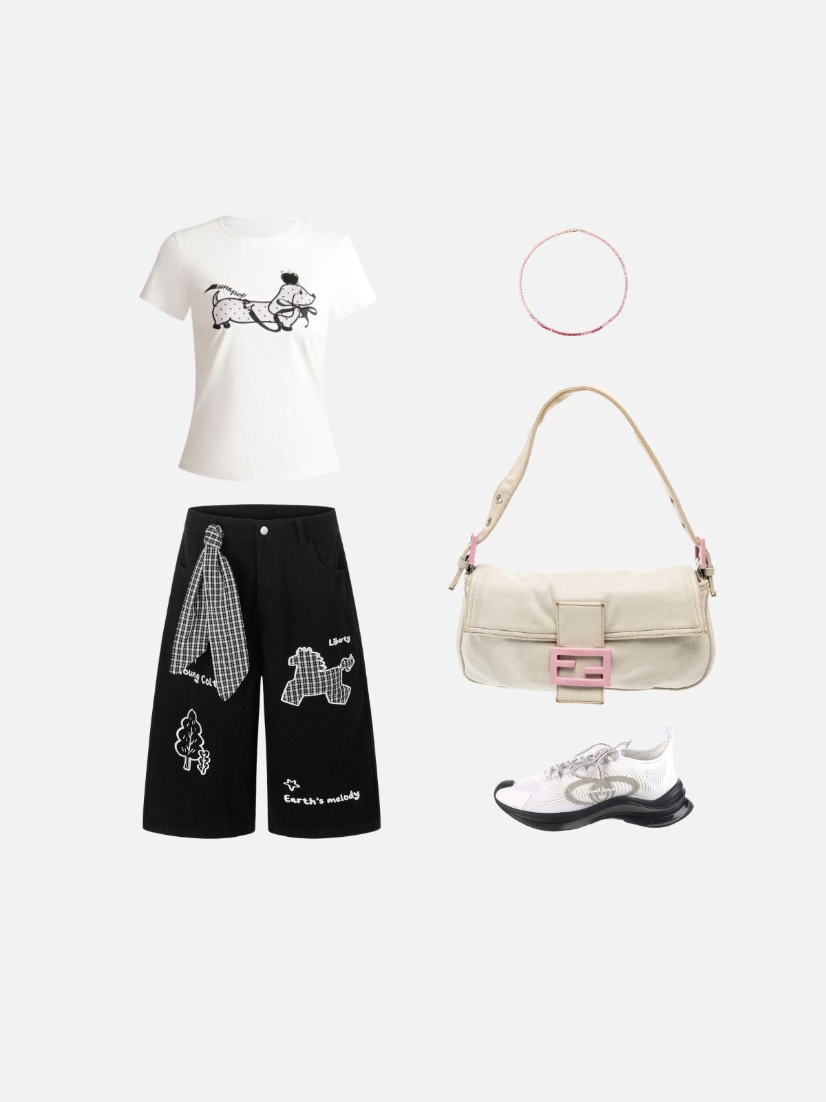 Haaura Gingham Tie Graphic Patch Baggy Shorts