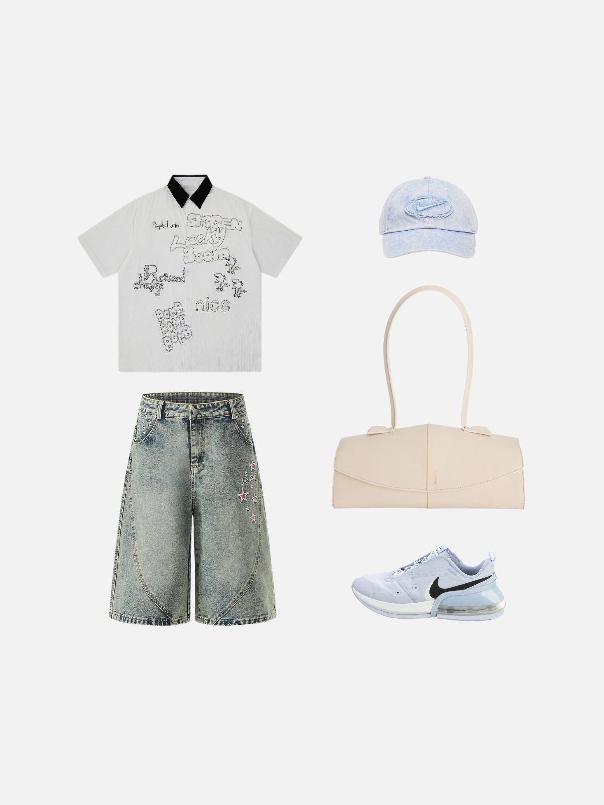 Haaura Washed Star Graphic Curved Seam Baggy Jorts