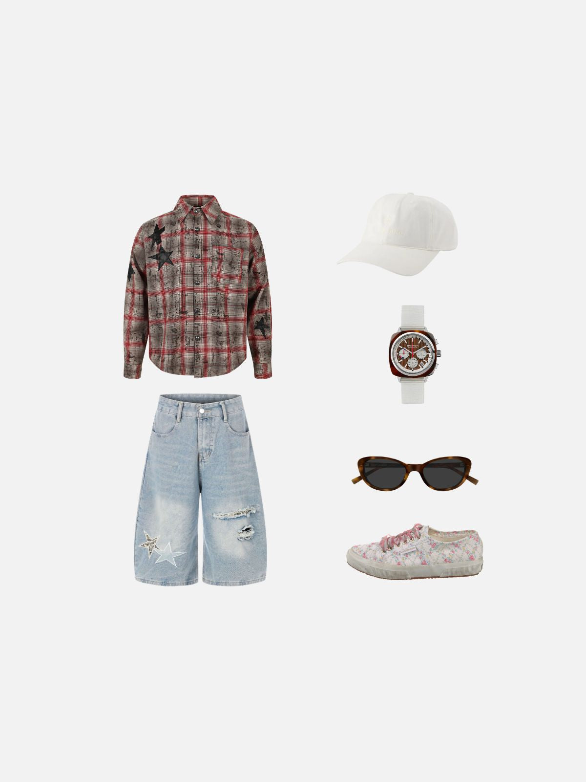 Haaura Star Patch Distressed Plaid Shirt