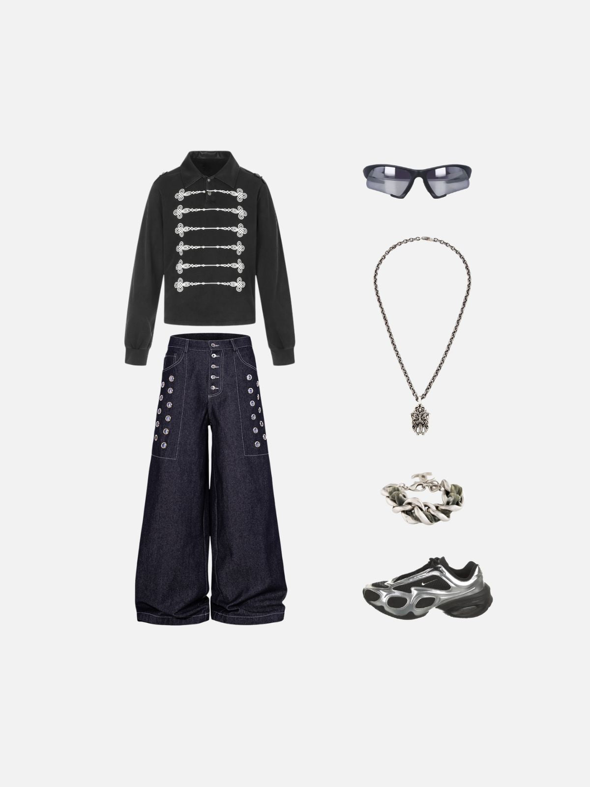 Haaura Metal Button Detail Baggy Jeans