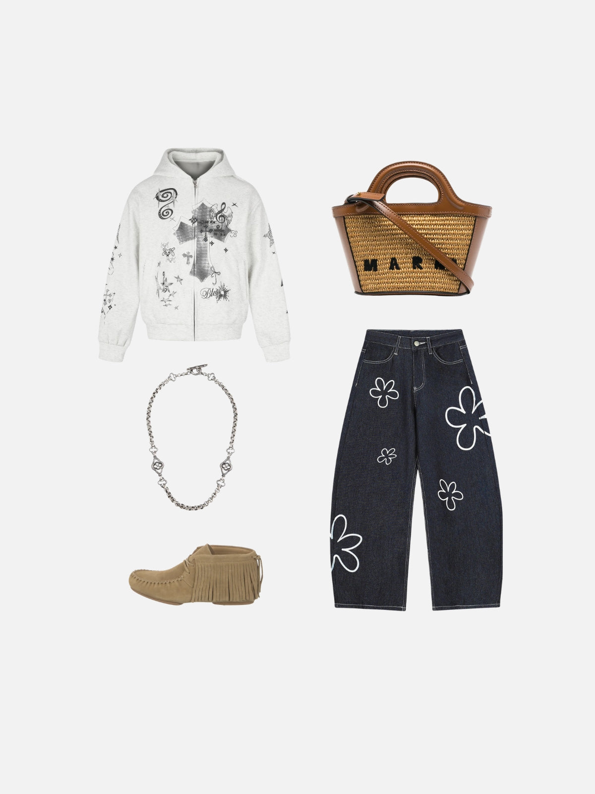 Haaura Line Art Floral Baggy Barrel Jeans